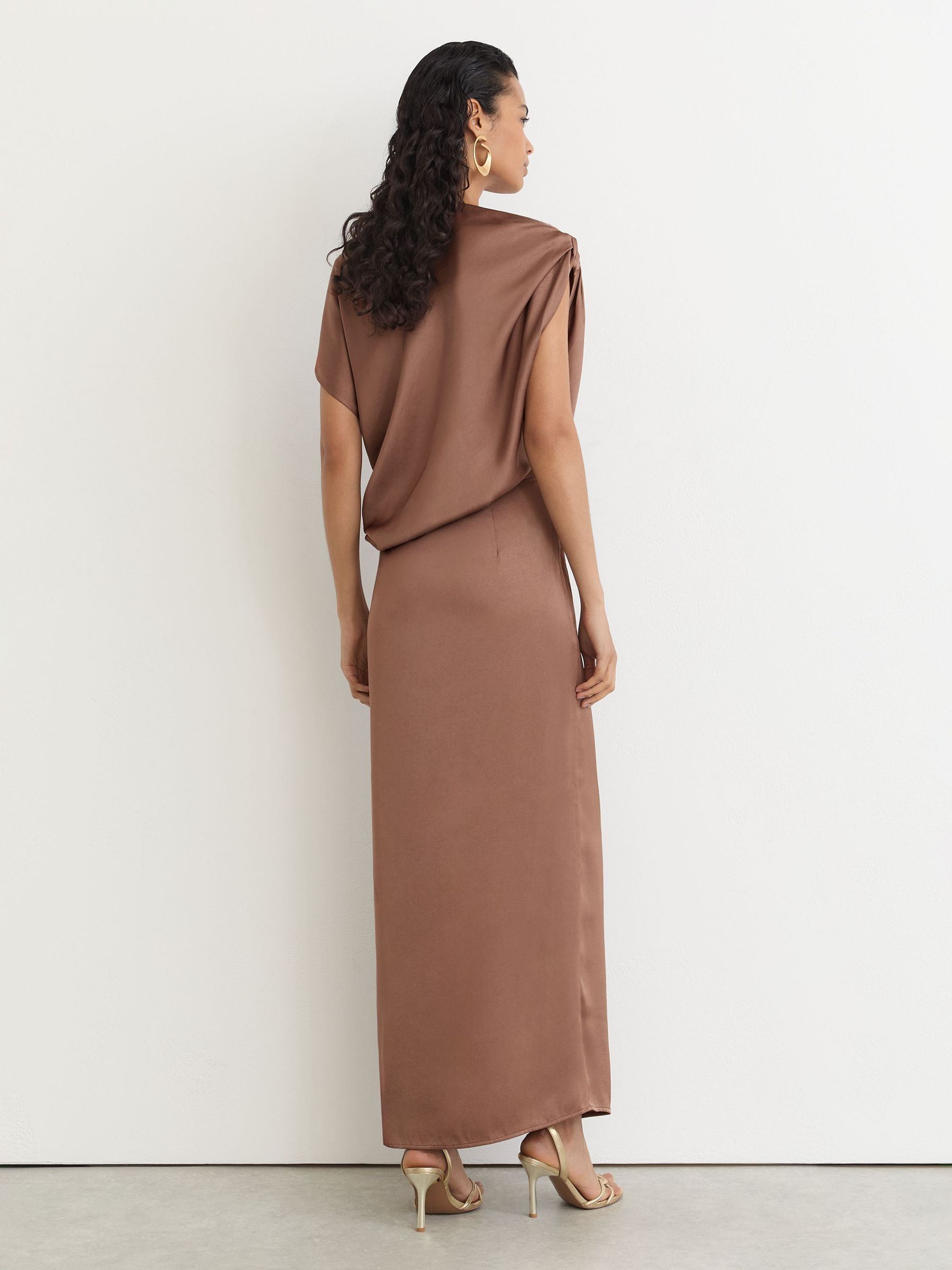 Satin Asymmetric Draped Maxi Dress in Taupe Brown - Image 6 of 7