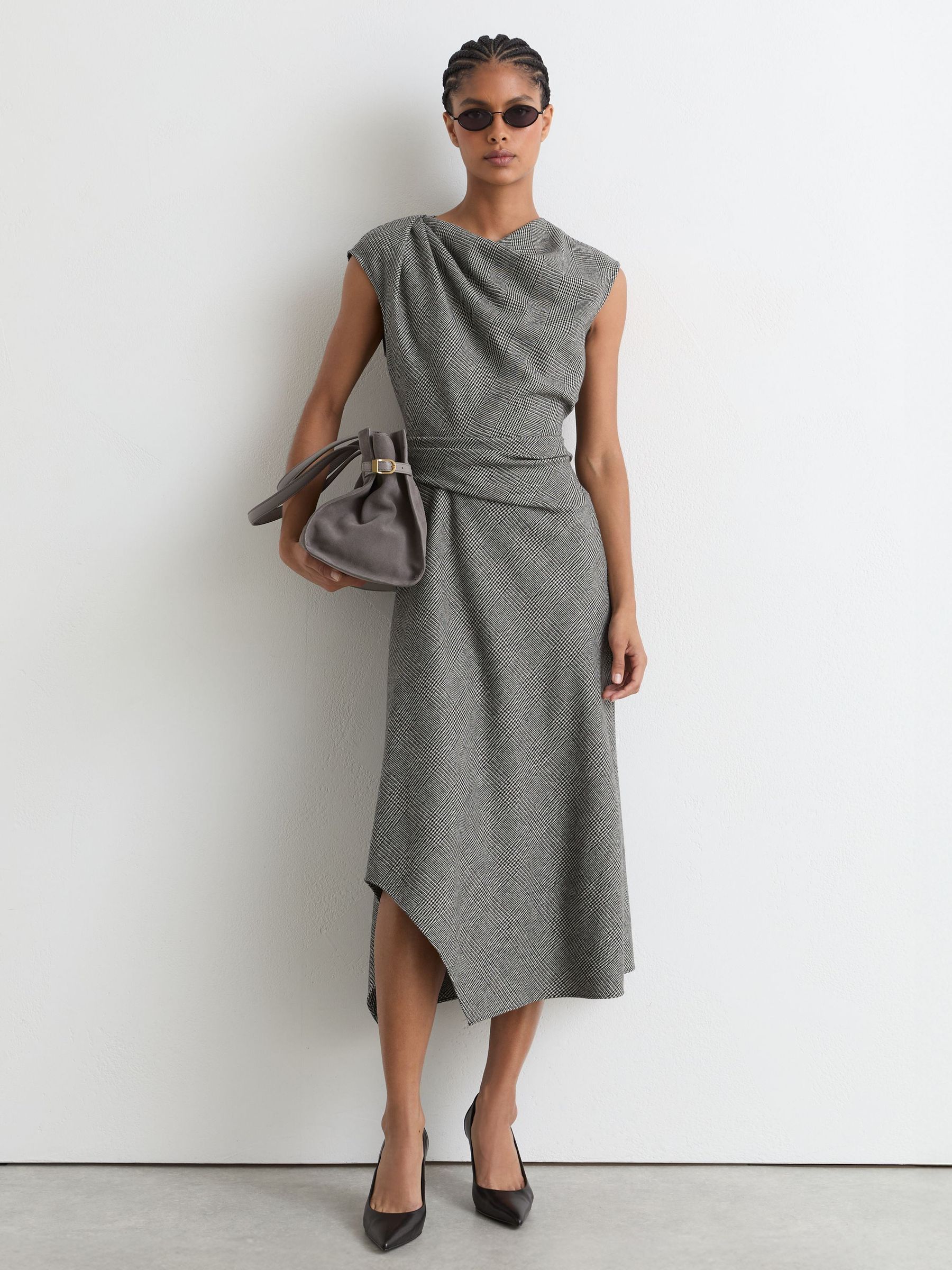 Wool-Blend Check Tailored Midi Dress in Grey - Image 1 of 7