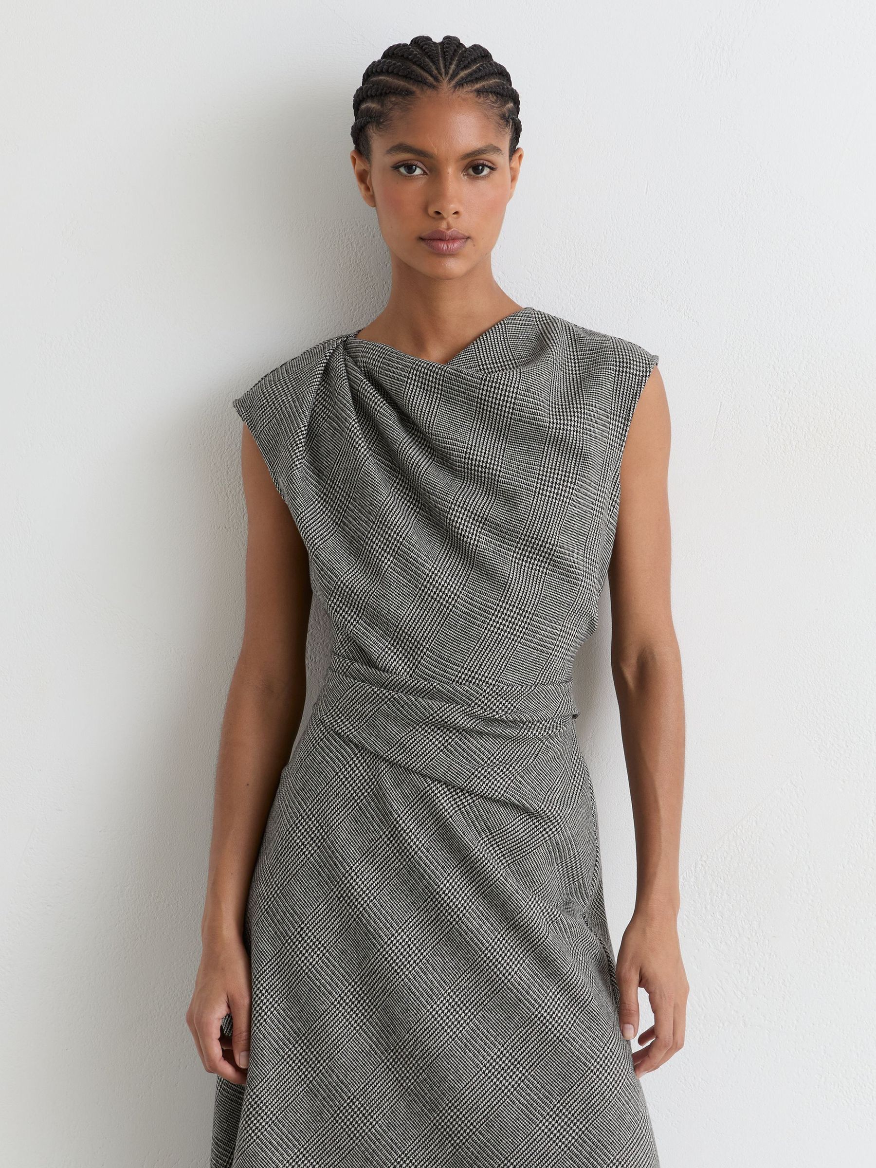 Wool-Blend Check Tailored Midi Dress in Grey - Image 3 of 7