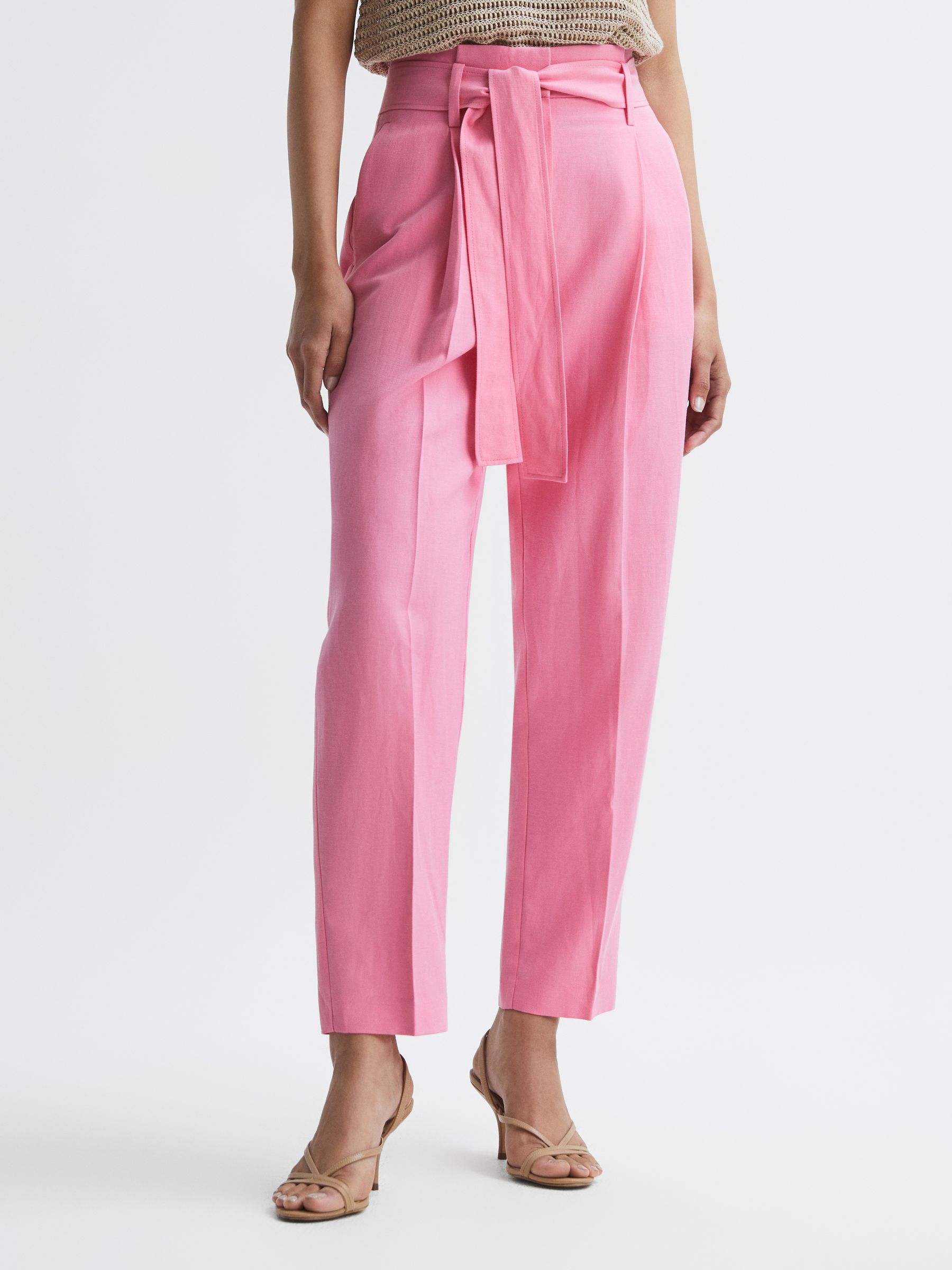 High Rise Belted Tapered Trousers in Pink - Image 3 of 6