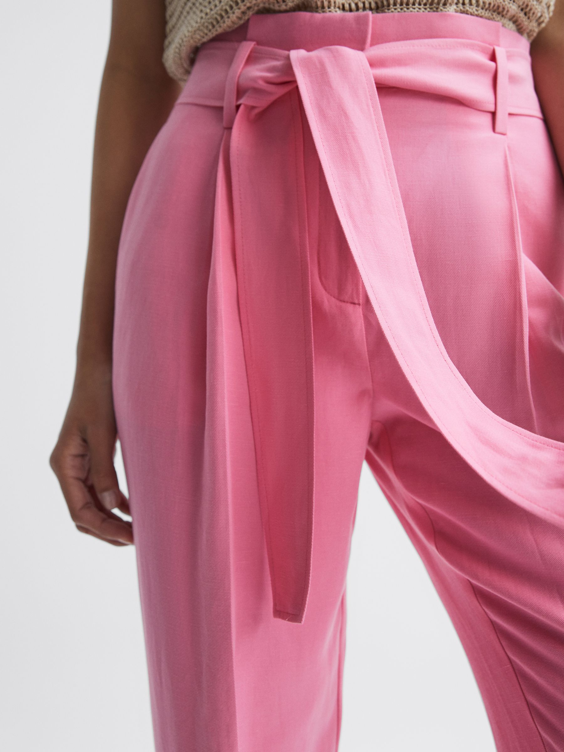 High Rise Belted Tapered Trousers in Pink - Image 4 of 6