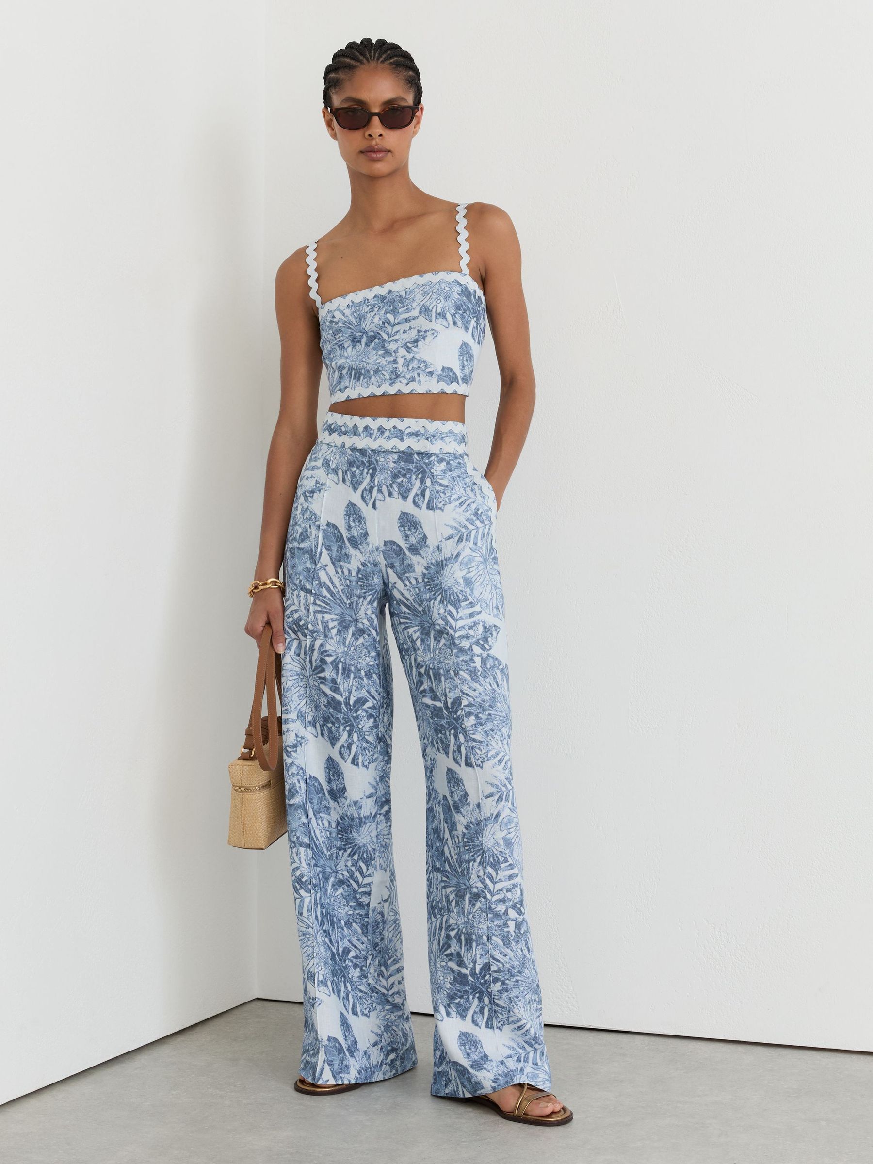 Petite Linen Wave-Trim Printed Wide-Leg Trousers in Blue - Image 1 of 8