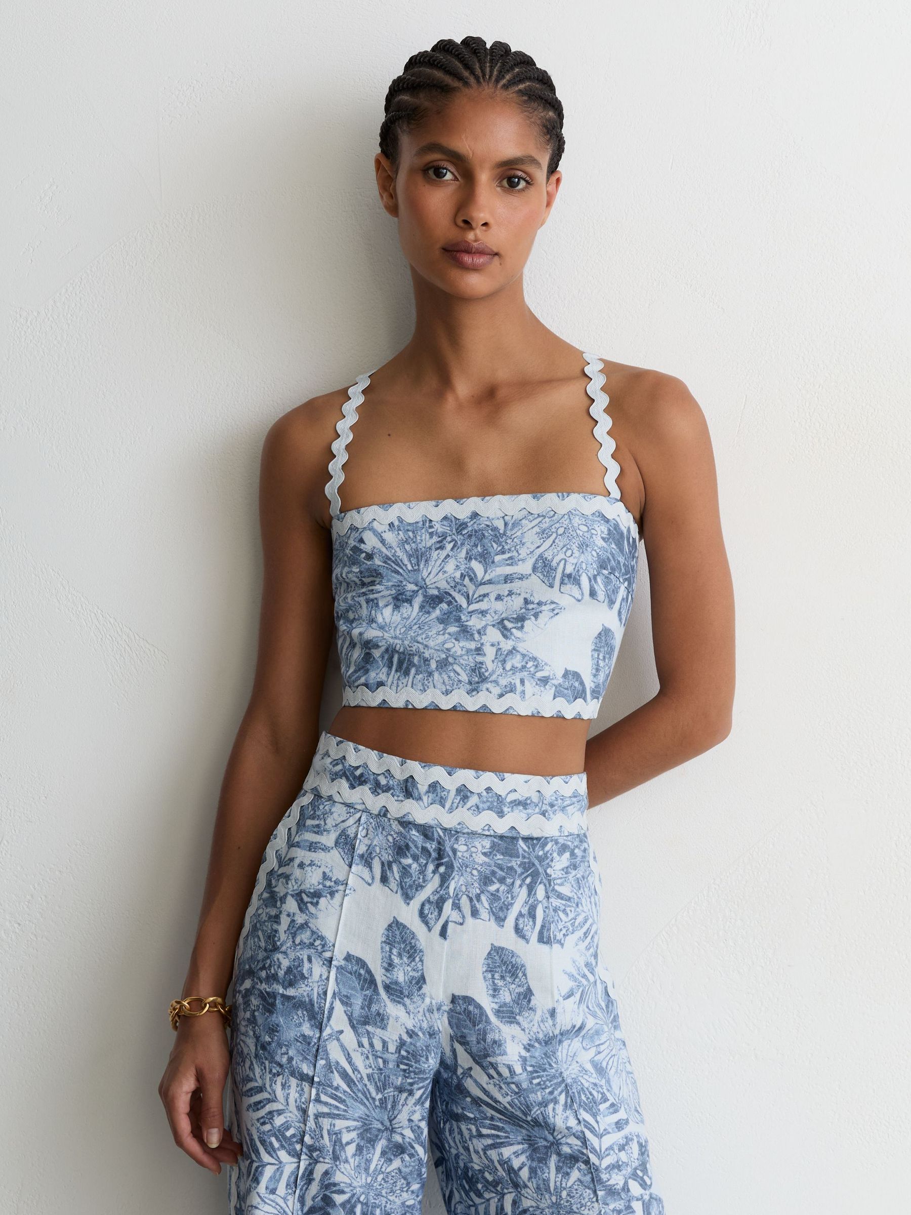 Petite Linen Wave-Trim Printed Wide-Leg Trousers in Blue - Image 3 of 8