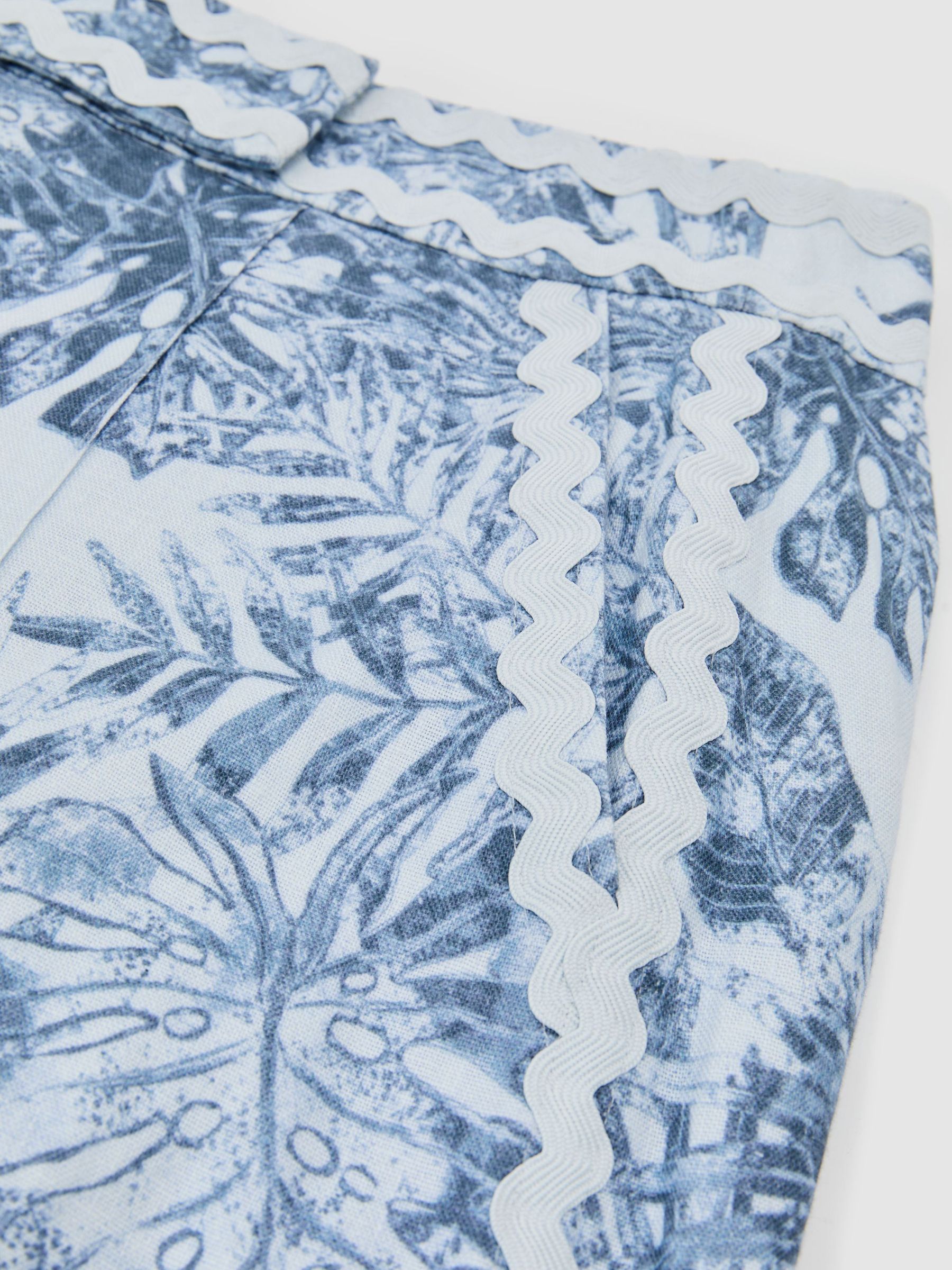 Petite Linen Wave-Trim Printed Wide-Leg Trousers in Blue - Image 7 of 8