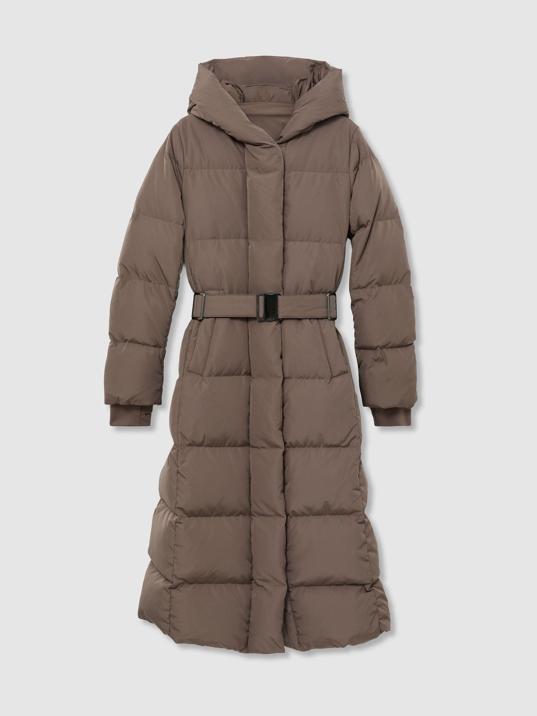 Belted Longline Hooded Puffer Coat in Taupe Neutral - Image 2 of 8