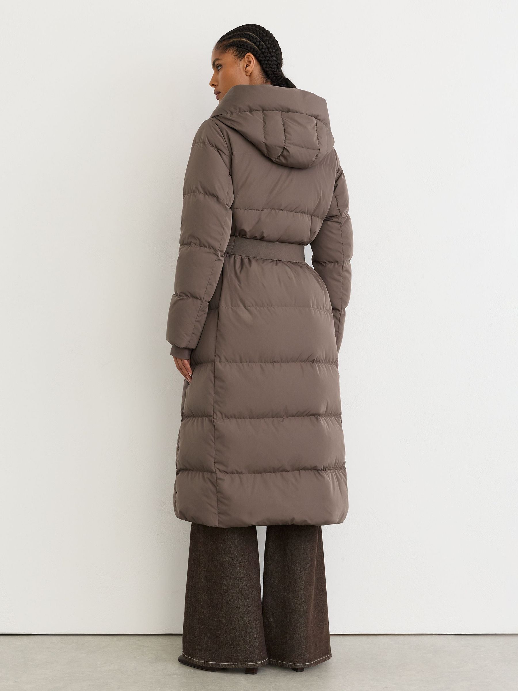 Belted Longline Hooded Puffer Coat in Taupe Neutral - Image 6 of 8
