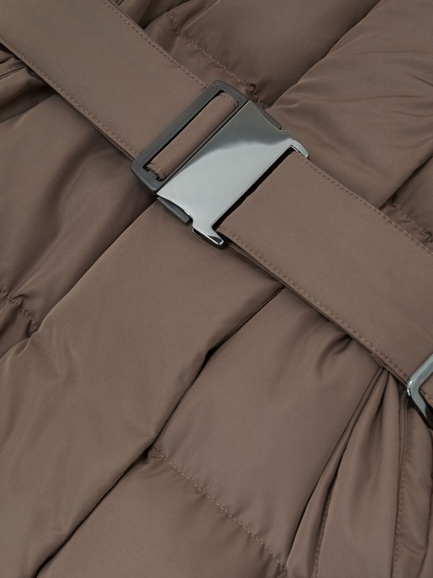Belted Longline Hooded Puffer Coat in Taupe Neutral - Image 7 of 8