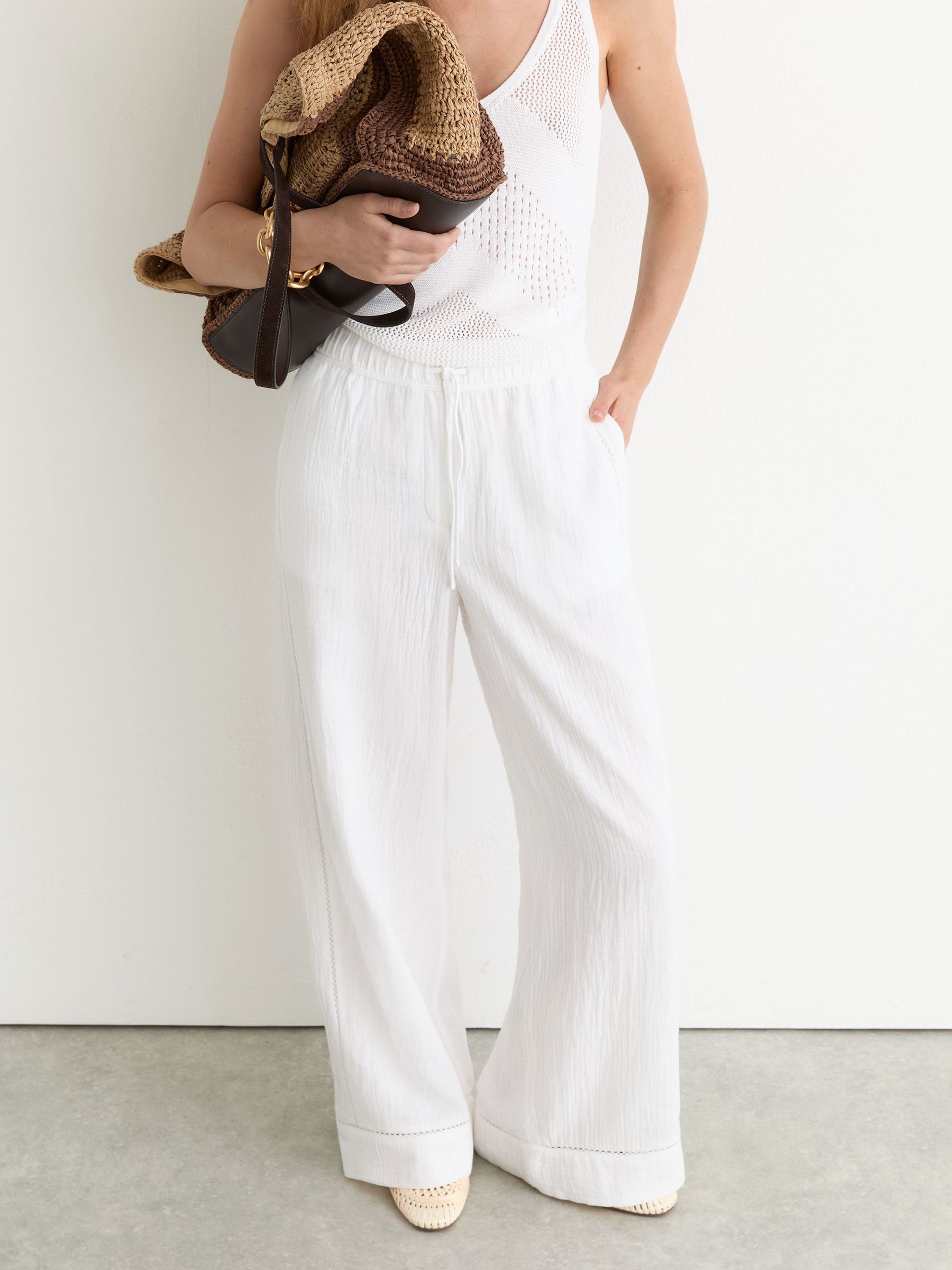 Petite Cotton Cheesecloth Wide-Leg Trousers in White - Image 1 of 8