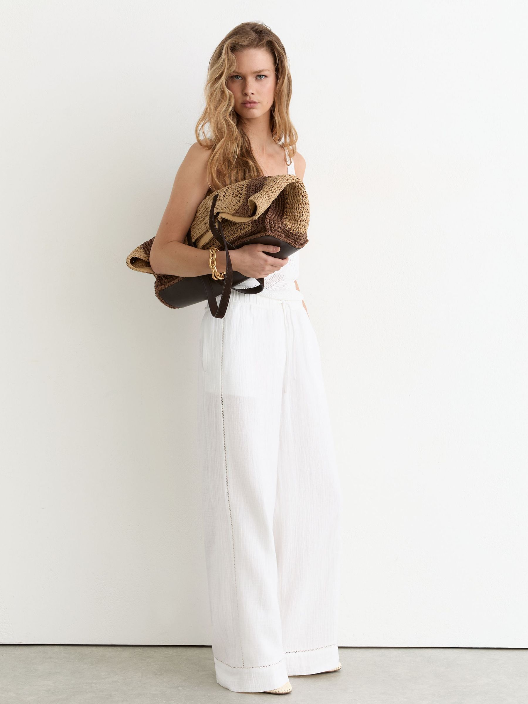 Petite Cotton Cheesecloth Wide-Leg Trousers in White - Image 3 of 8