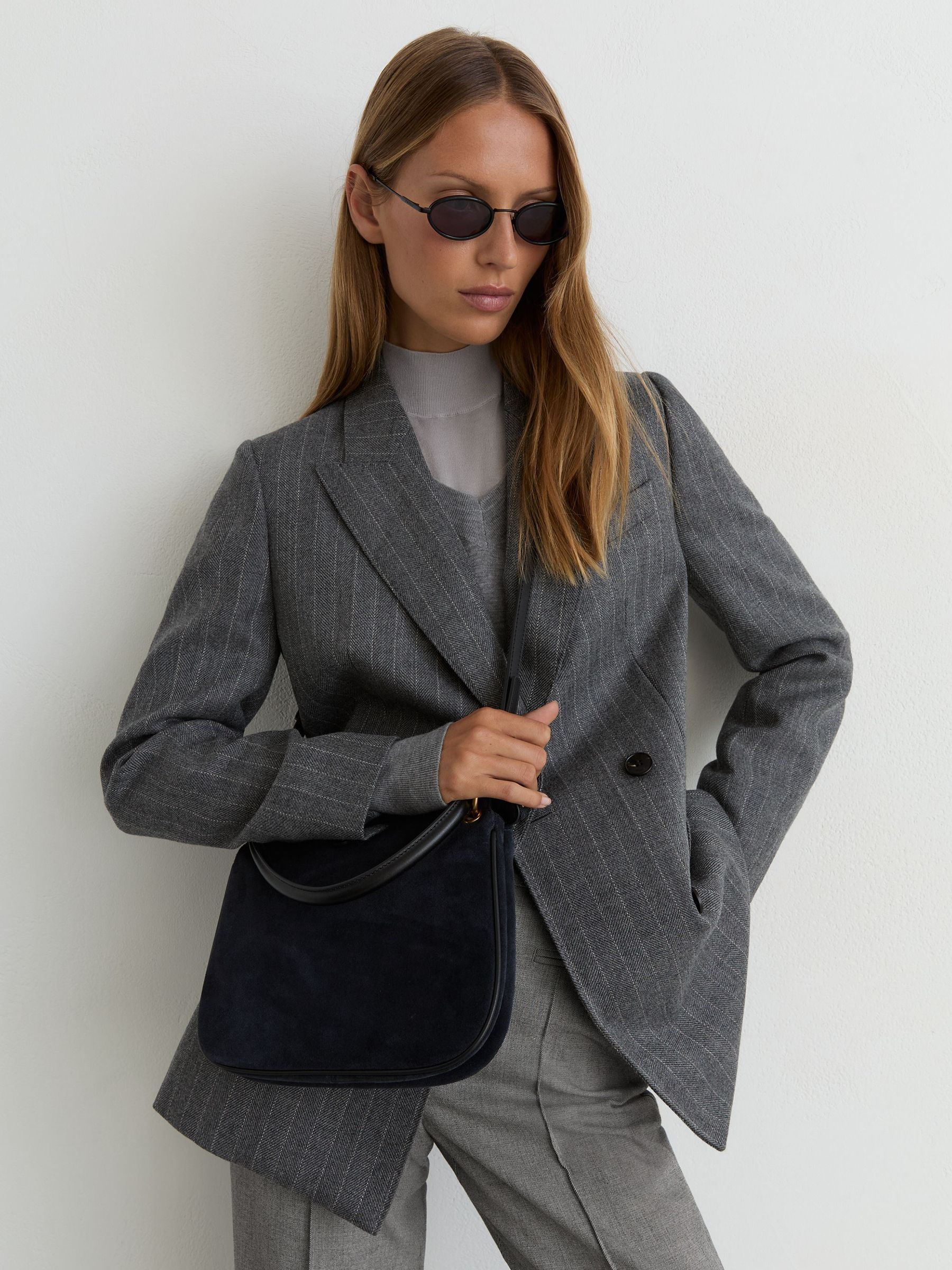 Woven Pintuck-Detail Flared Trousers in Grey - Image 1 of 8