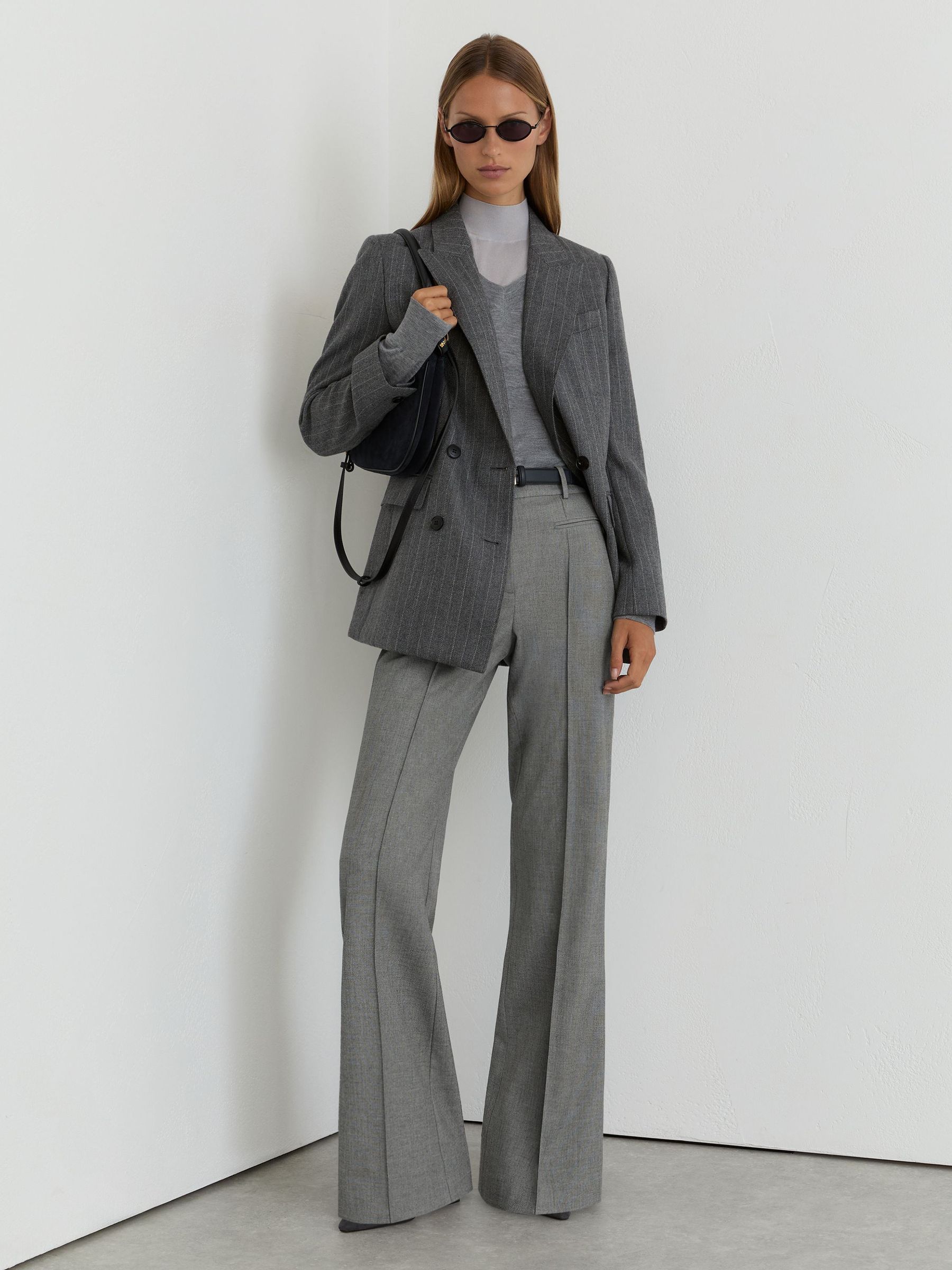 Woven Pintuck-Detail Flared Trousers in Grey - Image 3 of 8