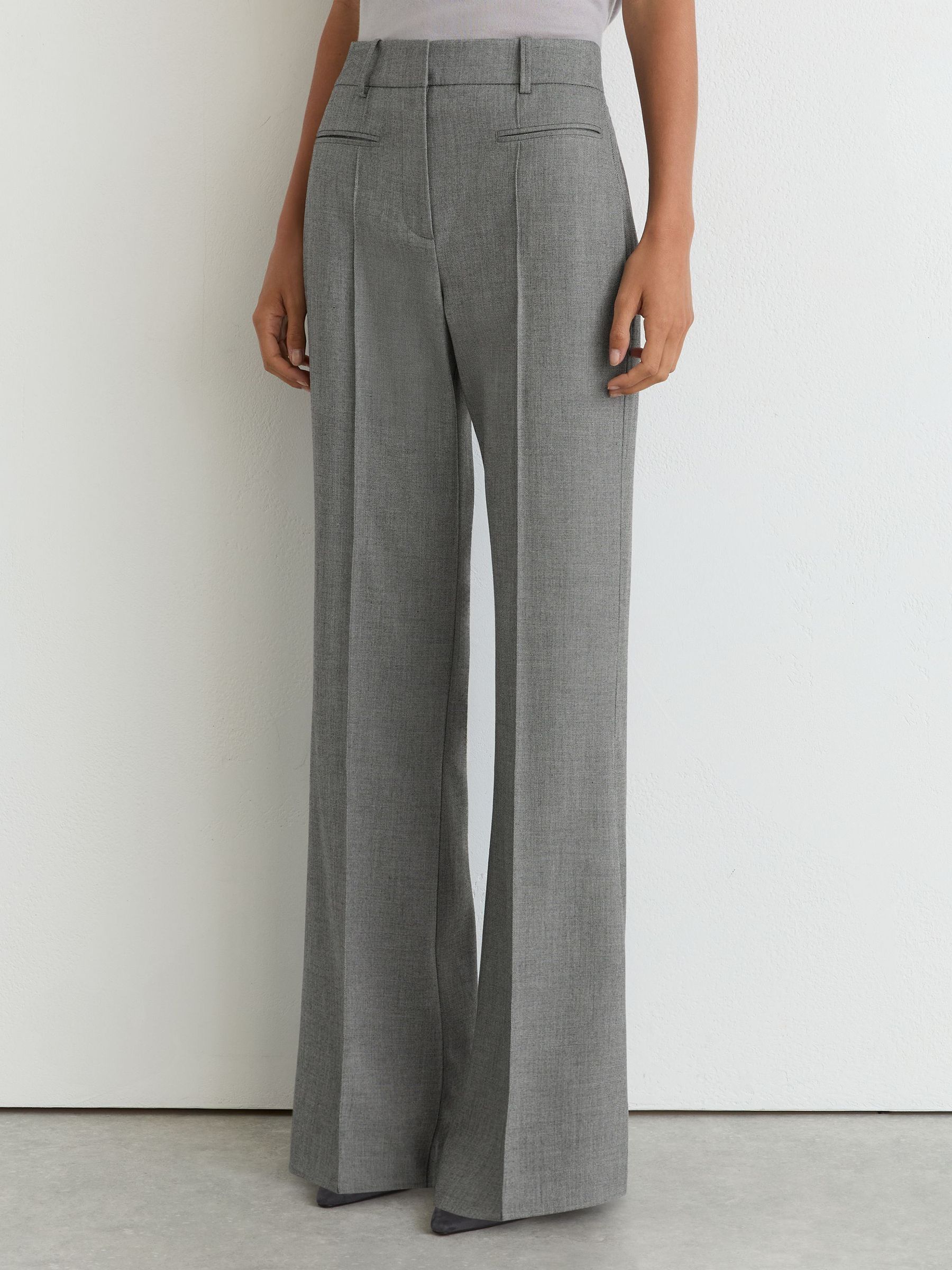 Woven Pintuck-Detail Flared Trousers in Grey - Image 5 of 8