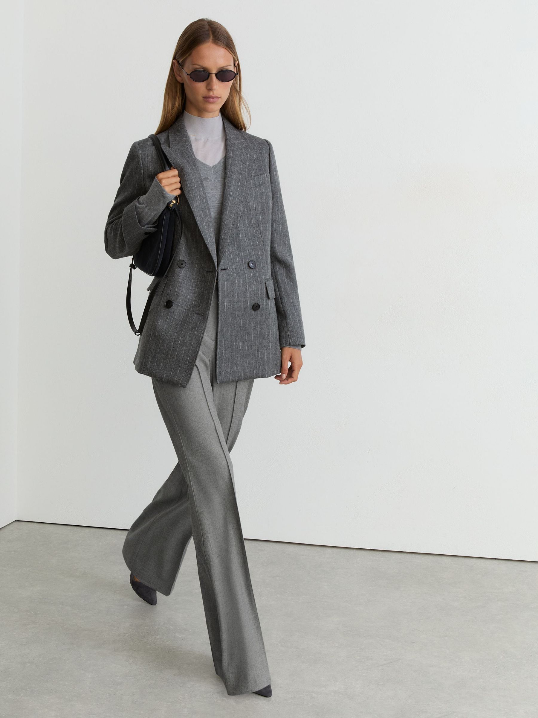 Woven Pintuck-Detail Flared Trousers in Grey - Image 7 of 8
