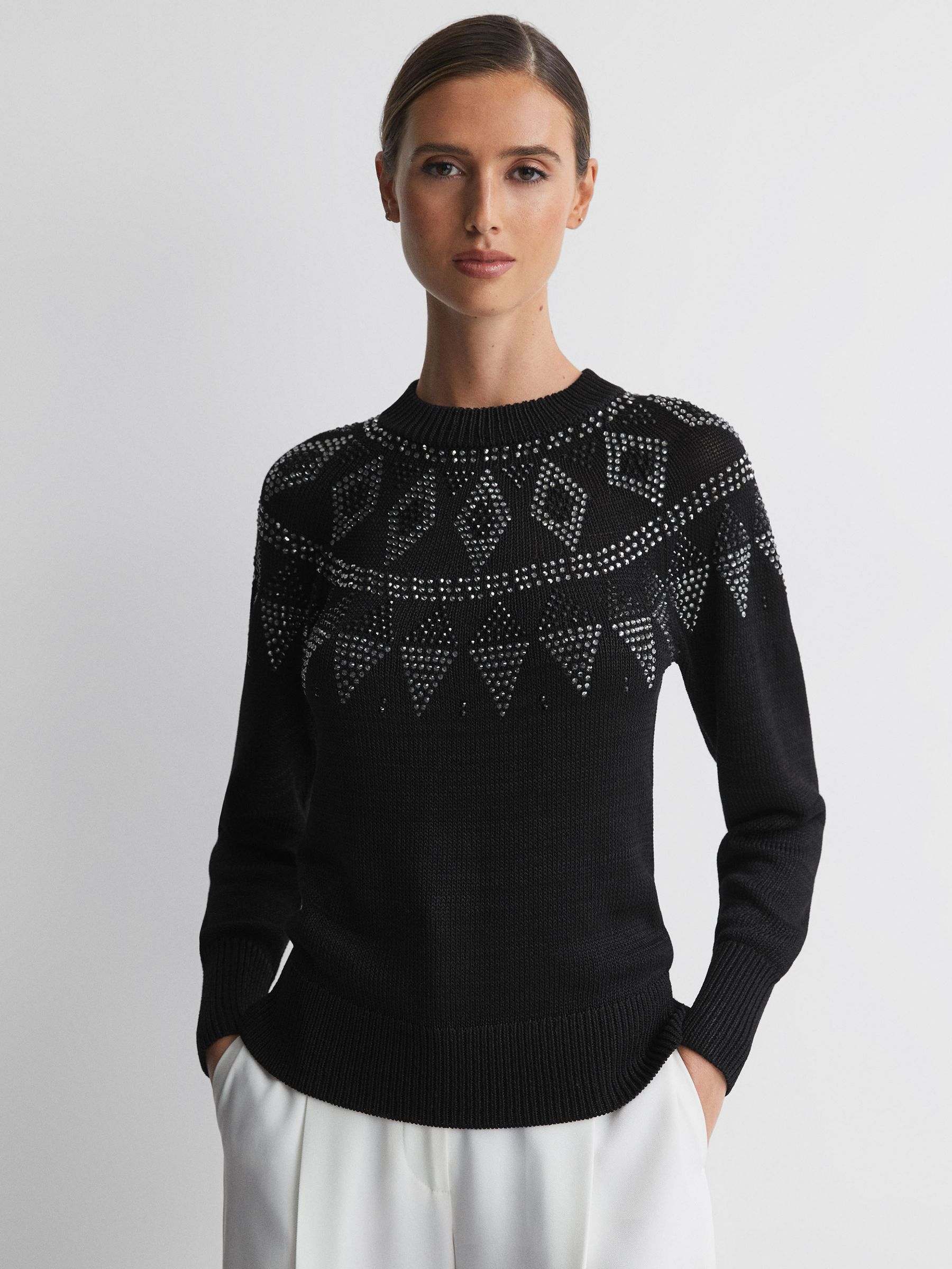 Embellished Fairisle Pattern Removable Roll Neck Jumper in Black - Image 4 of 6