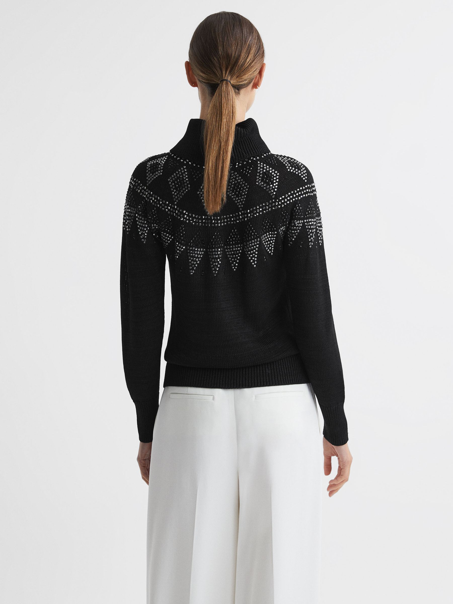 Embellished Fairisle Pattern Removable Roll Neck Jumper in Black - Image 6 of 6