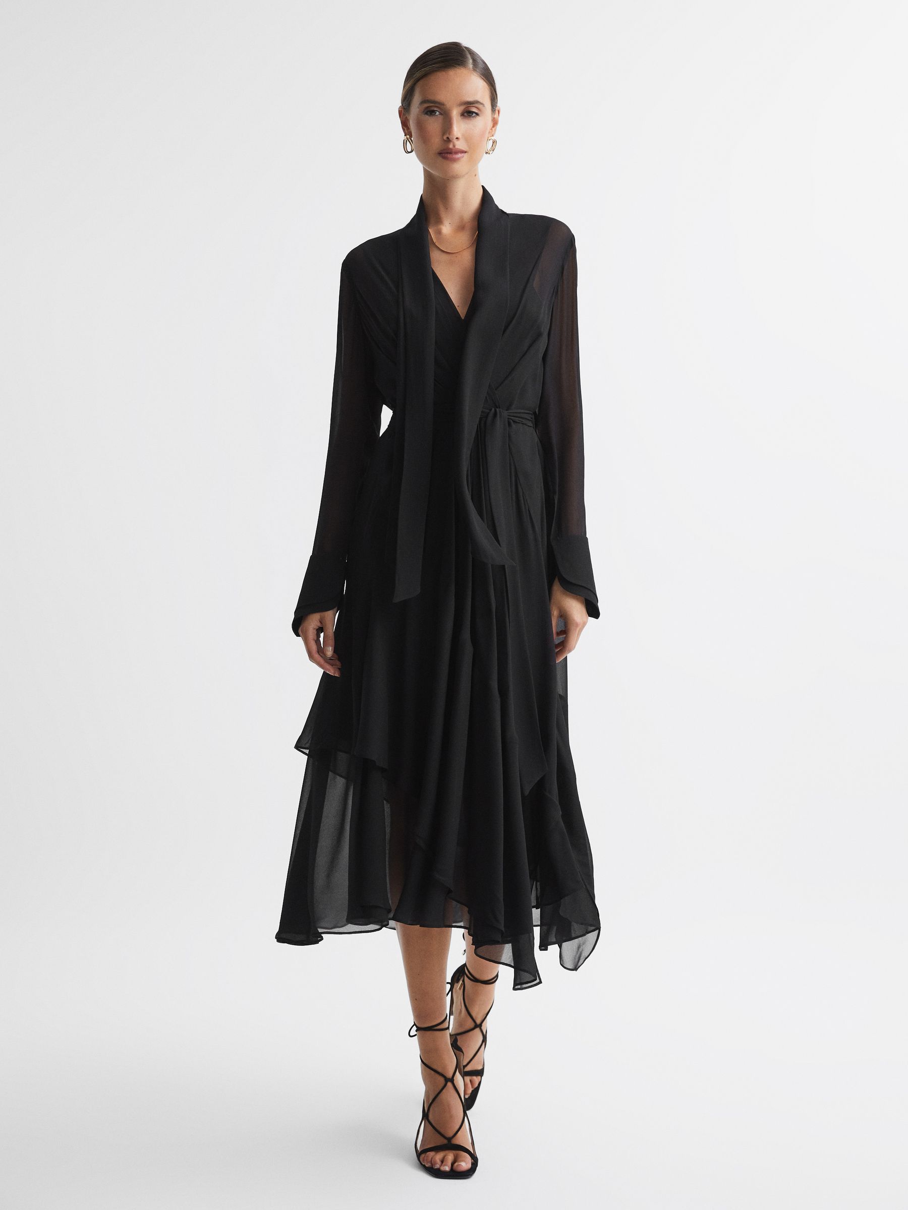 Belted Ruffle Midi Dress in Black - Image 1 of 5