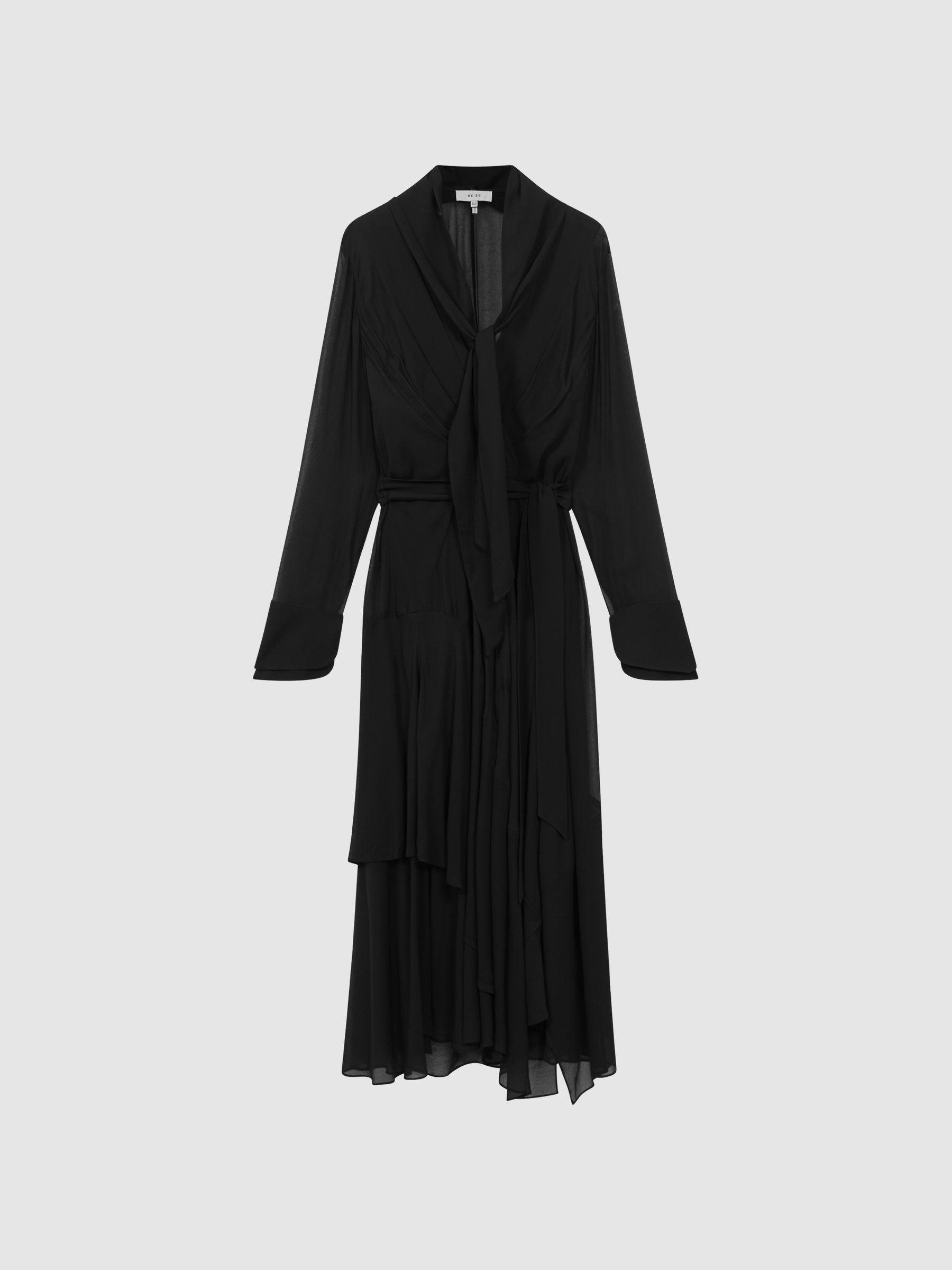 Belted Ruffle Midi Dress in Black - Image 2 of 5