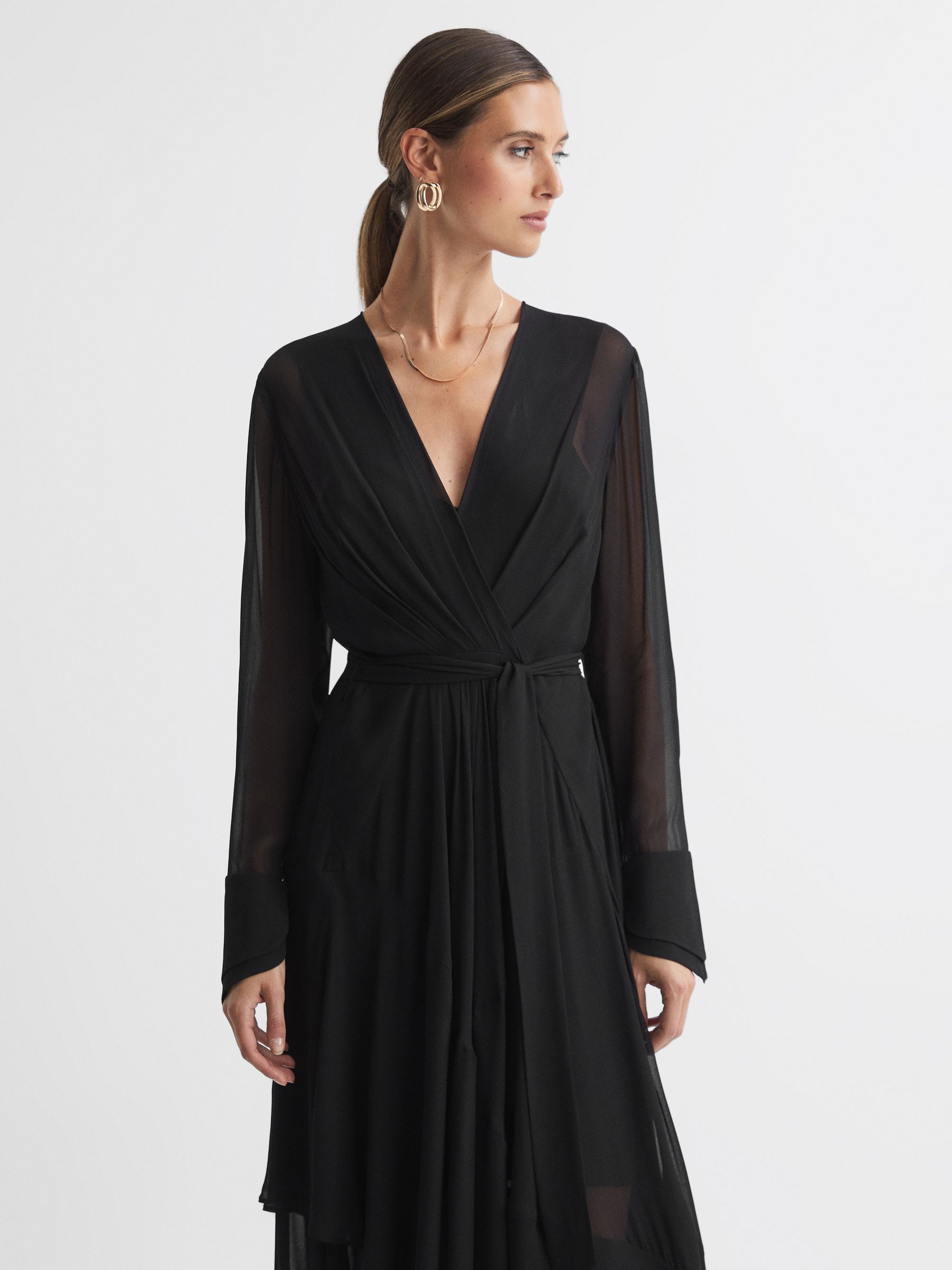 Belted Ruffle Midi Dress in Black - Image 3 of 5