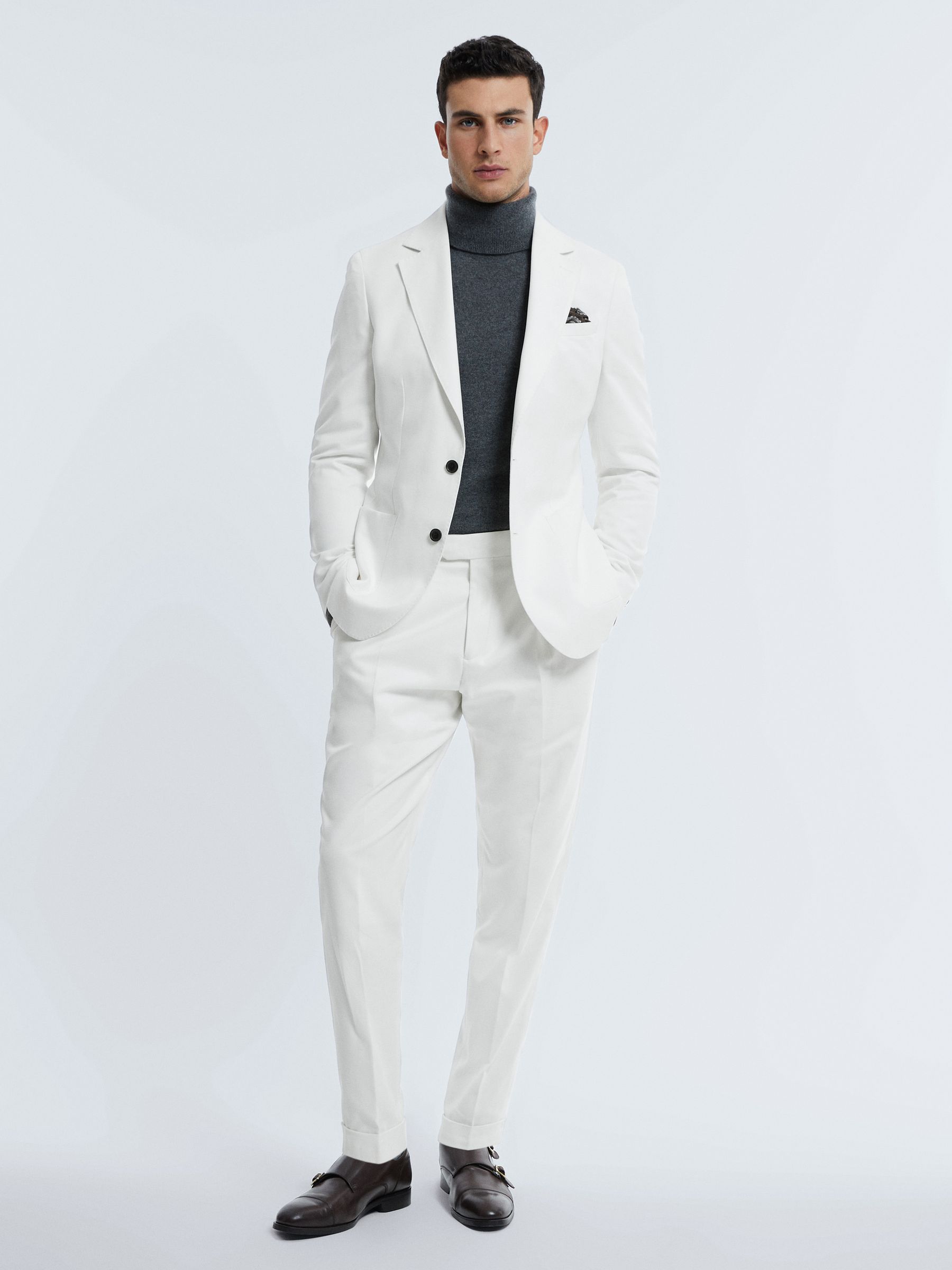 Atelier Sea Island Cotton Slim Fit Single Breasted Blazer in White - Image 3 of 8