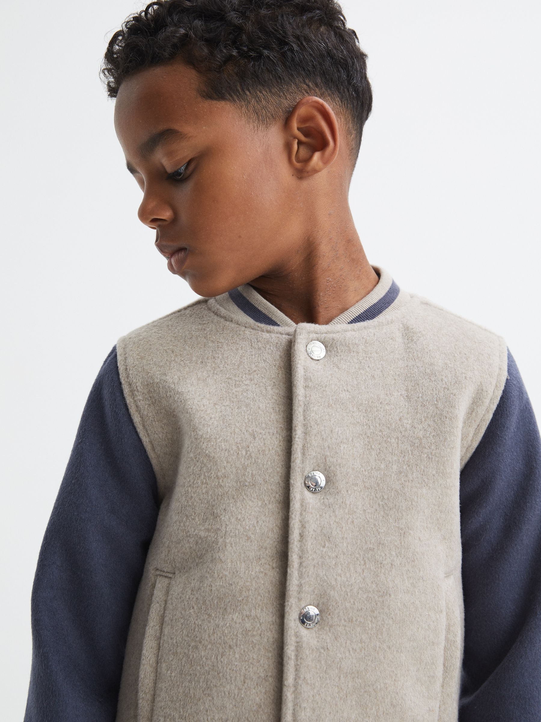 3-9 yrs Wool Blend Varsity Bomber Jacket in Stone/Airforce Blue - Image 4 of 7