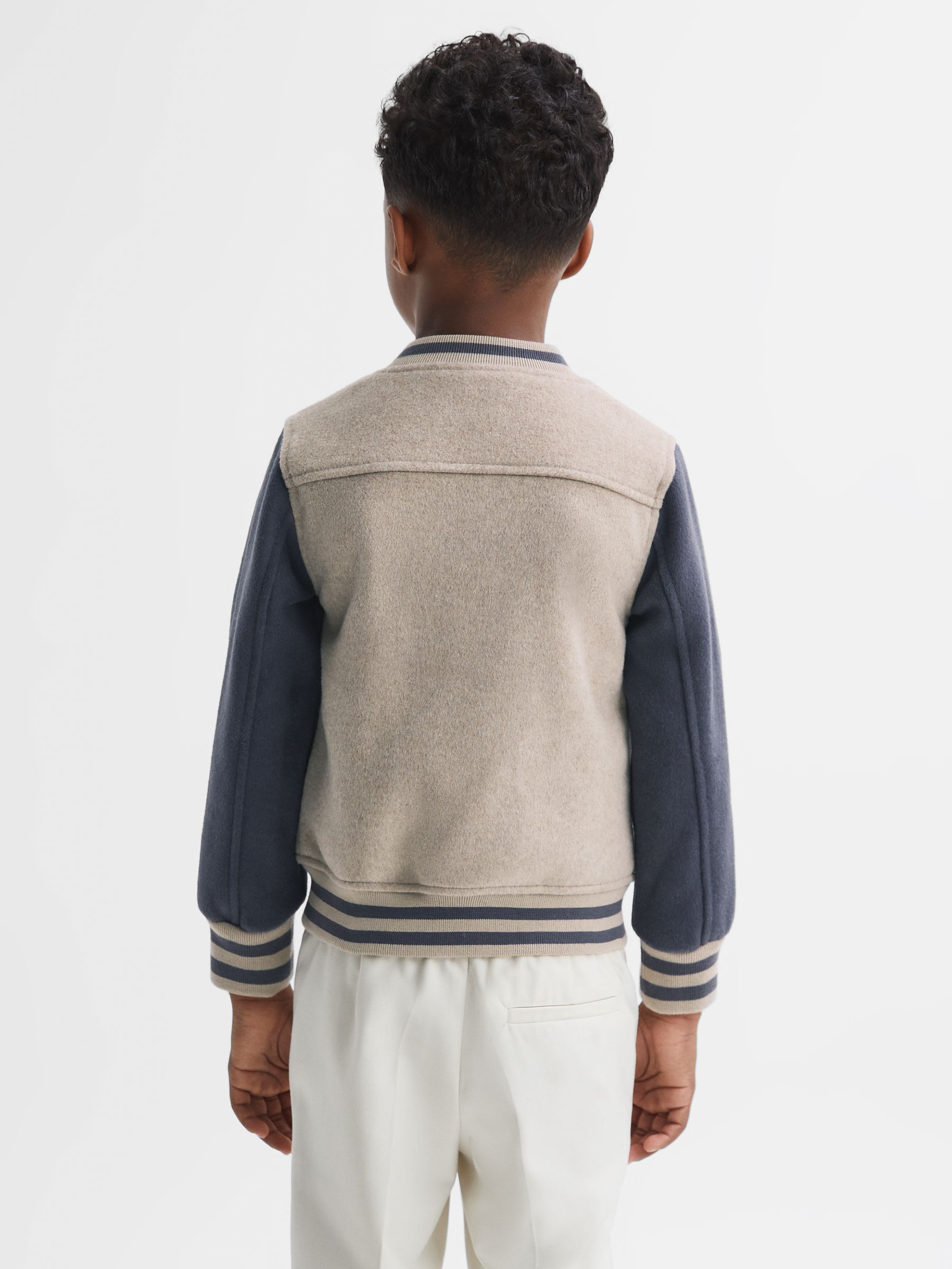 3-9 yrs Wool Blend Varsity Bomber Jacket in Stone/Airforce Blue - Image 6 of 7