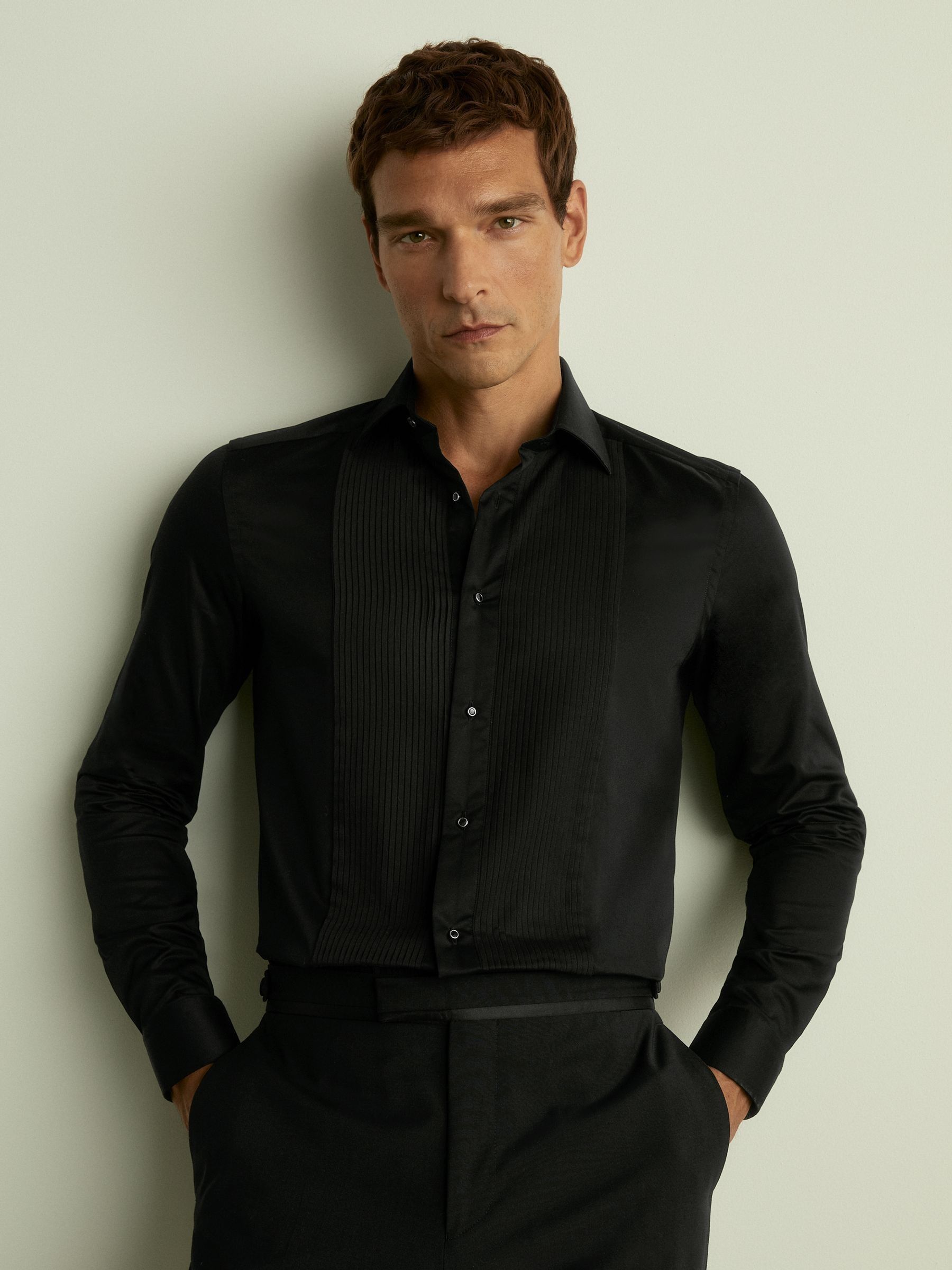 Slim Fit Slim Fit Cotton Marcella Tuxedo Shirt in Black - Image 1 of 7