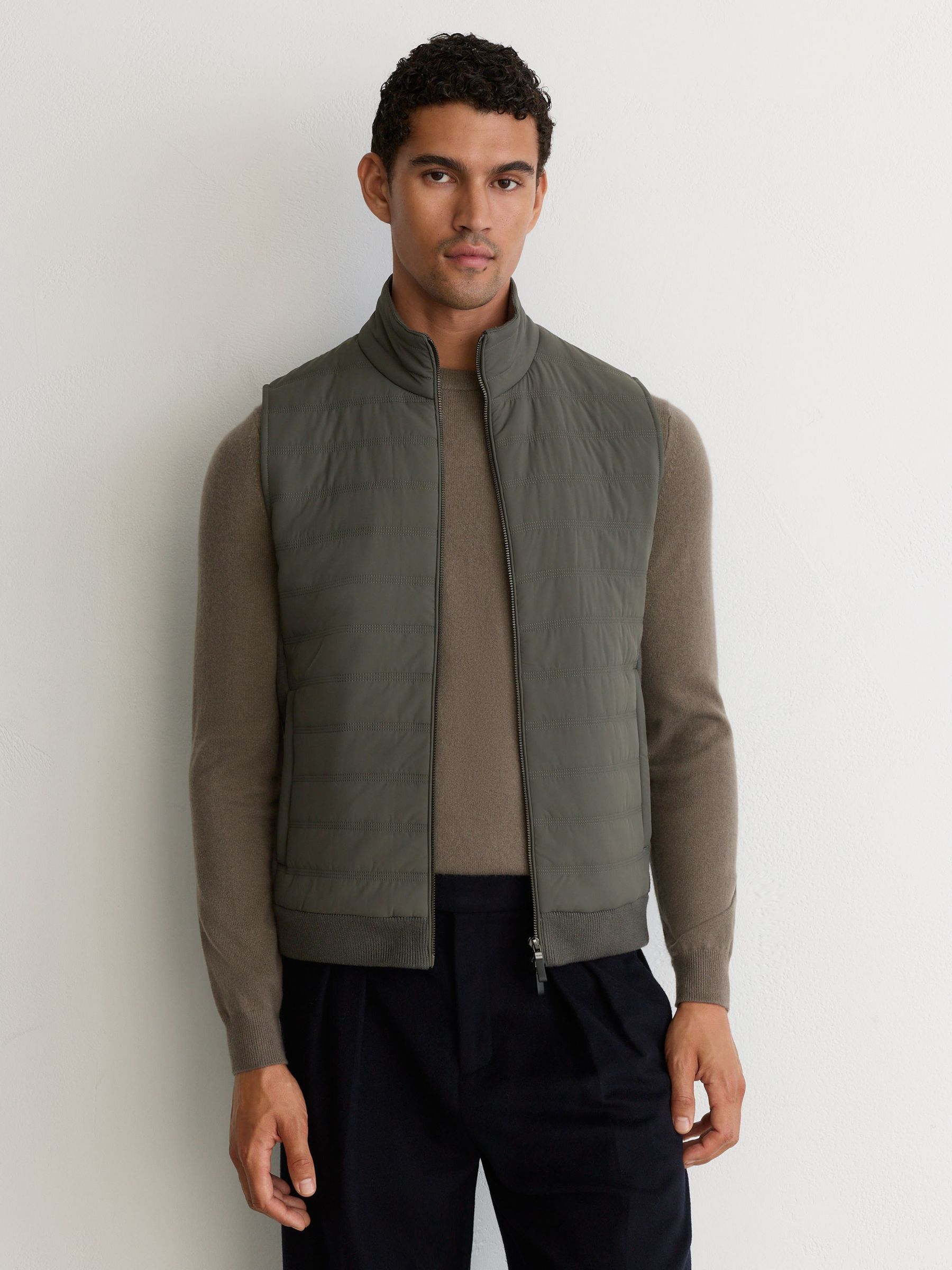 Quilted Funnel-Neck Knitted Gilet in Army Green - Image 1 of 8