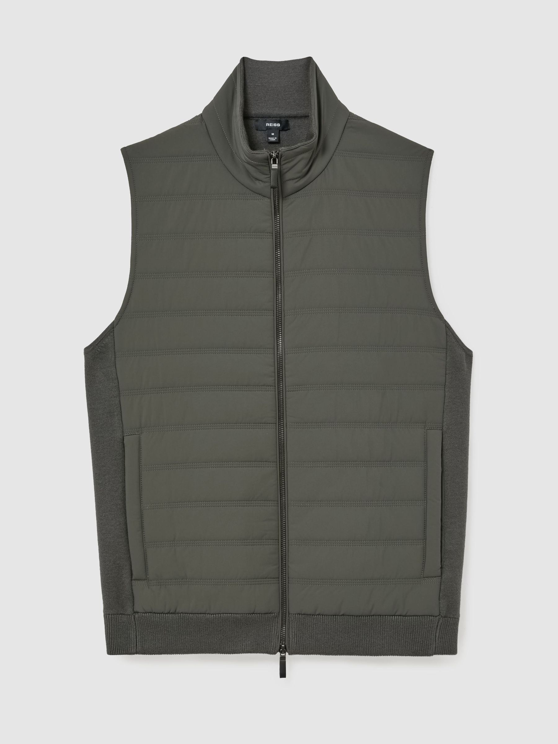 Quilted Funnel-Neck Knitted Gilet in Army Green - Image 2 of 8