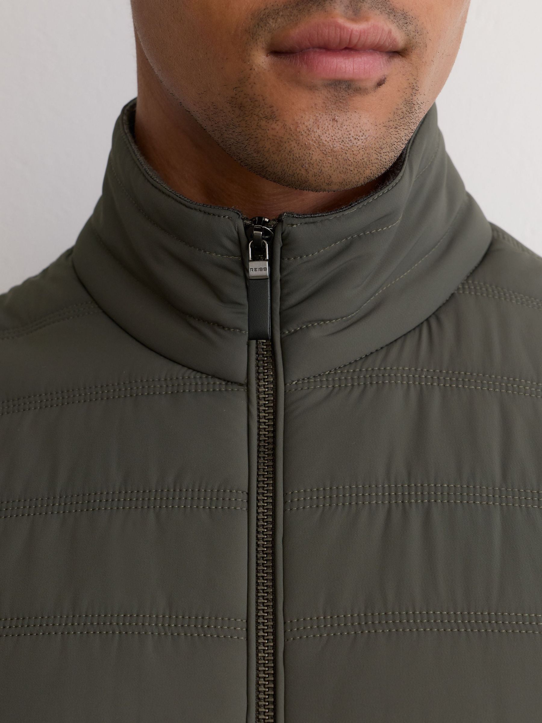Quilted Funnel-Neck Knitted Gilet in Army Green - Image 3 of 8