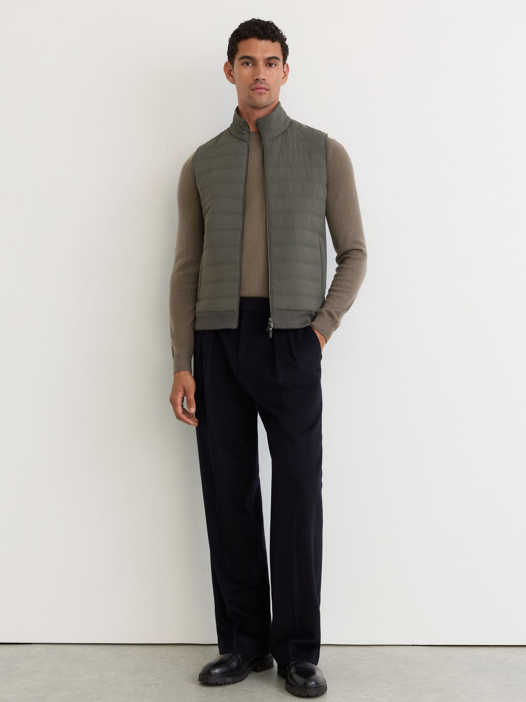 Quilted Funnel-Neck Knitted Gilet in Army Green - Image 4 of 8