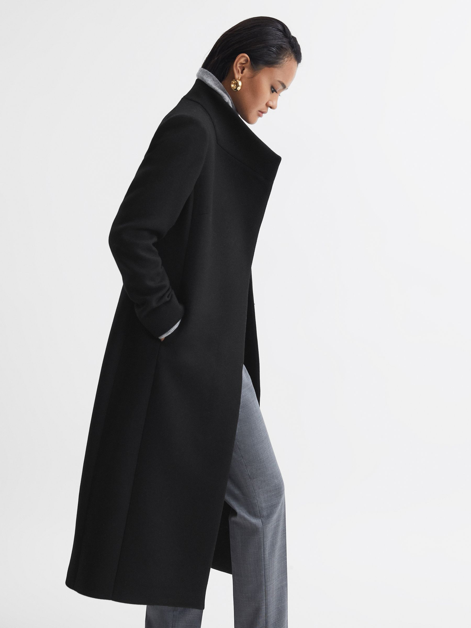 Reiss Tailored Wool Blend Longline Coat in Black | REISS