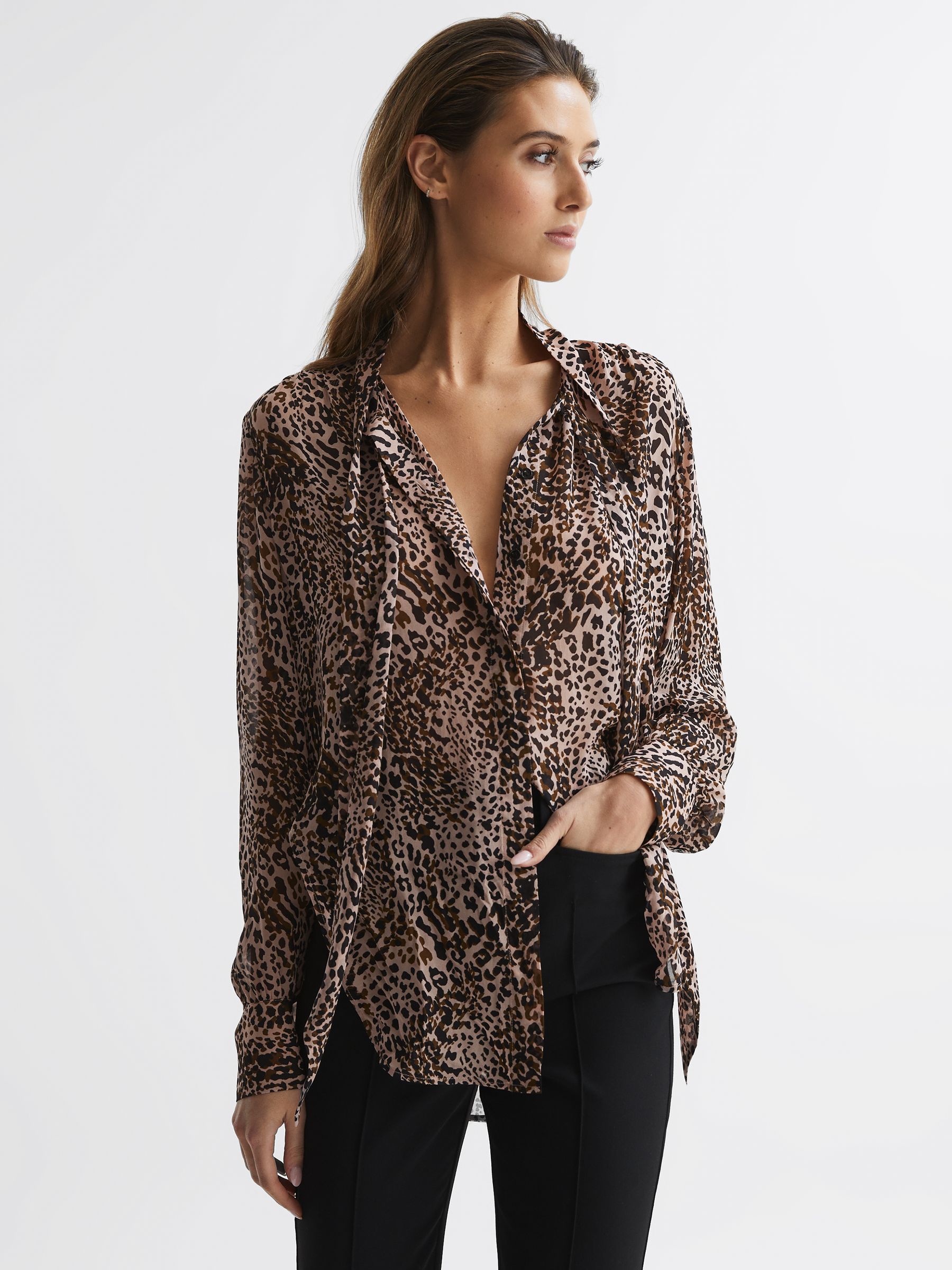 tie neck leopard print blouse
