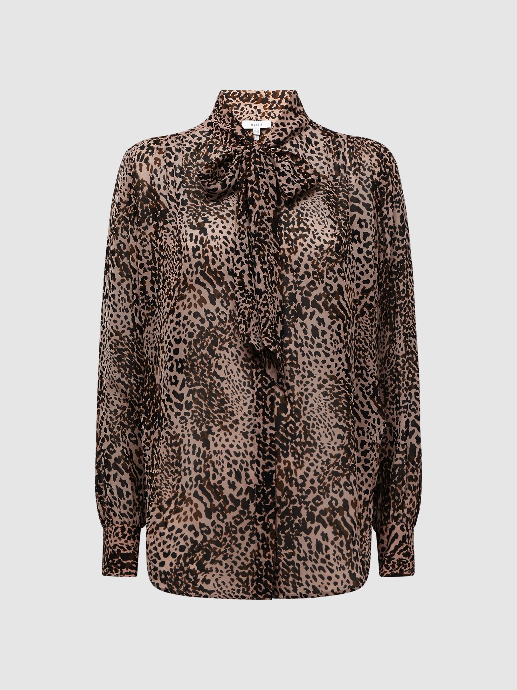 Animal Print Neck Tie Blouse in Brown - Image 2 of 5