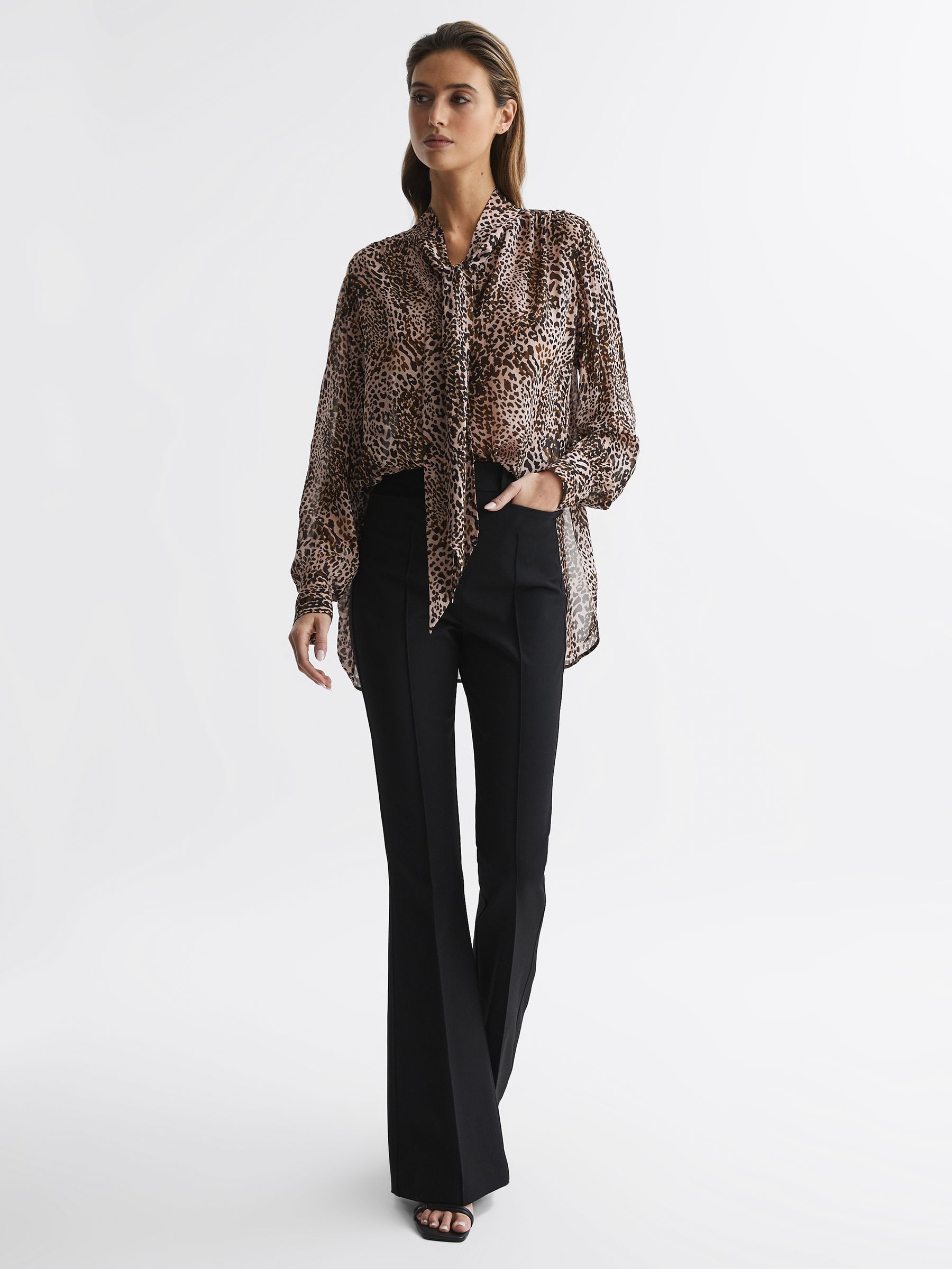 Animal Print Neck Tie Blouse in Brown - Image 3 of 5