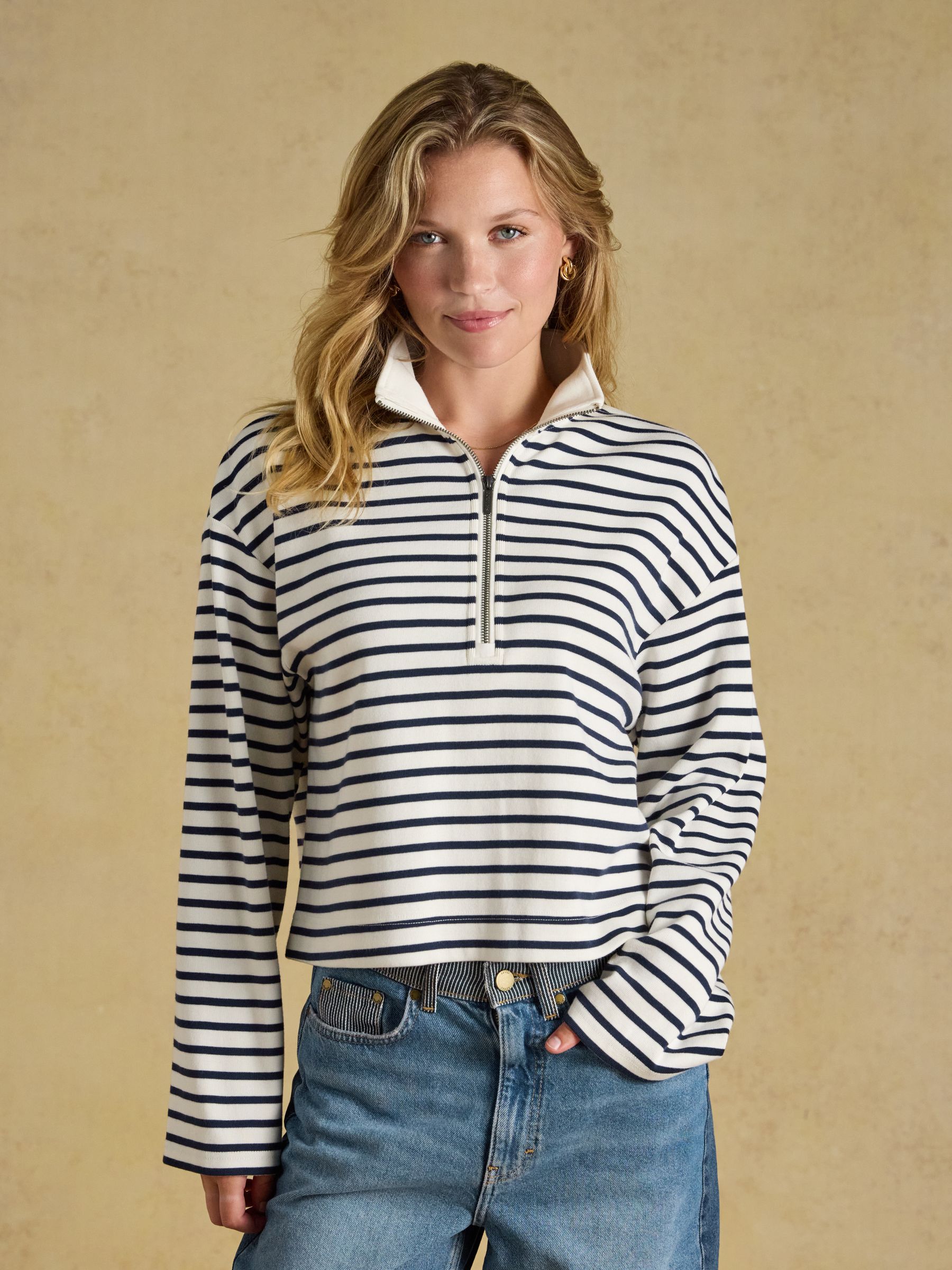 Cream/Navy 100% Cotton Ribbed Jersey Collared Half Zip Sweatshirt - Image 1 of 7