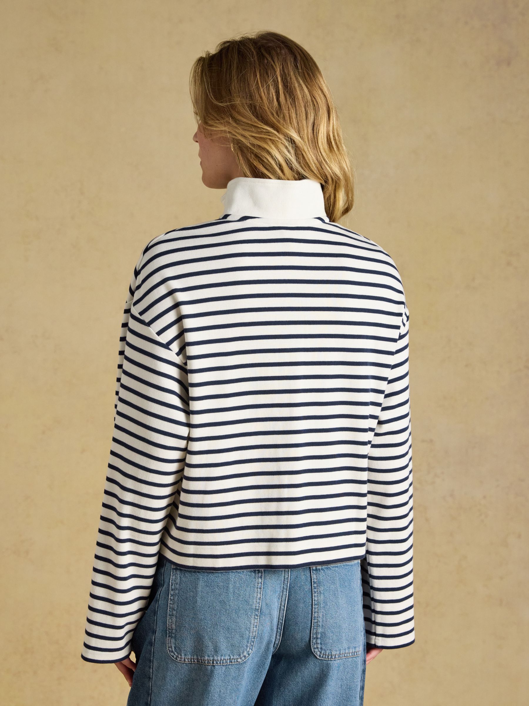 Cream/Navy 100% Cotton Ribbed Jersey Collared Half Zip Sweatshirt - Image 2 of 7