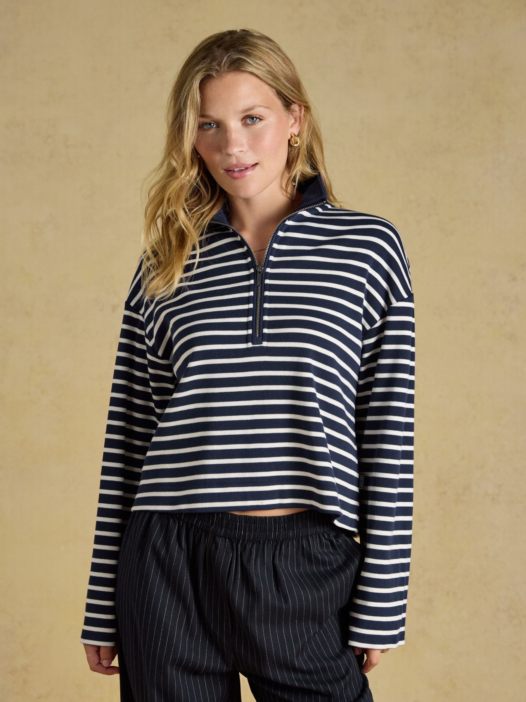 Navy/Cream 100% Cotton Ribbed Jersey Collared Half Zip Sweatshirt - Image 1 of 6 Navy/Cream 100% Cotton Ribbed Jersey Collared Half Zip Sweatshirt - Image 1 of 6