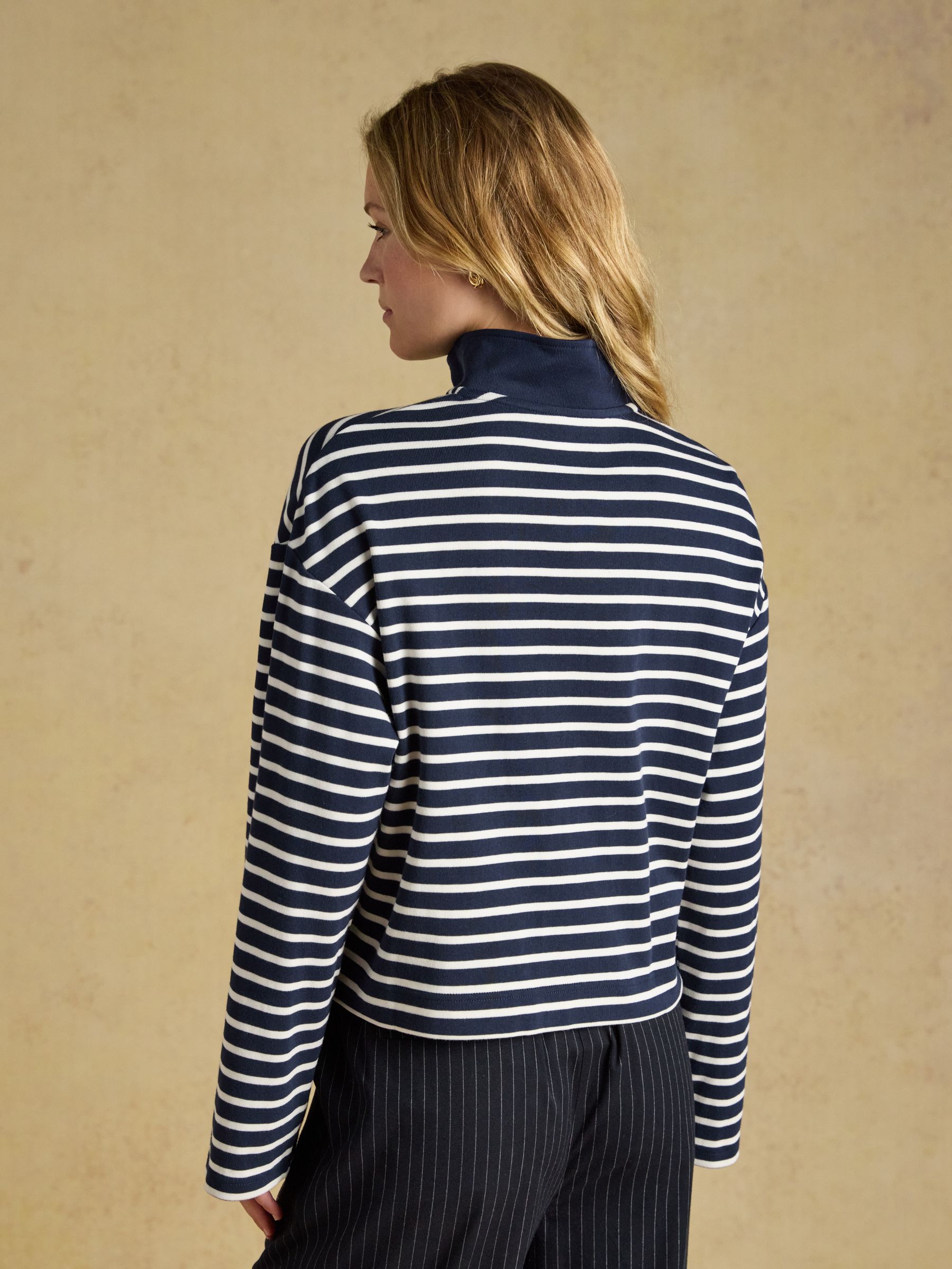 Navy/Cream 100% Cotton Ribbed Jersey Collared Half Zip Sweatshirt - Image 2 of 6 Navy/Cream 100% Cotton Ribbed Jersey Collared Half Zip Sweatshirt - Image 2 of 6