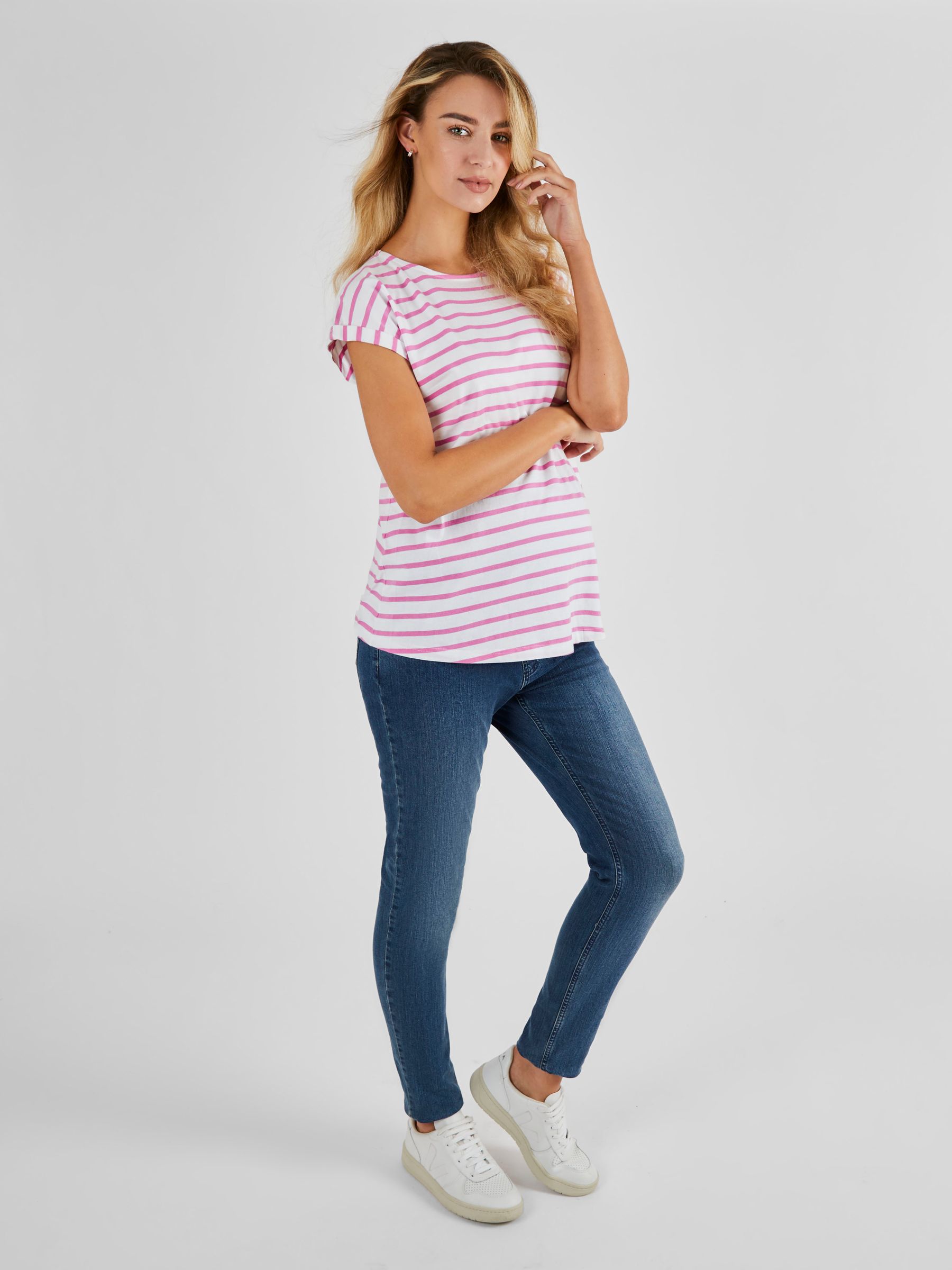 White Pink Stripe Boyfriend Cotton Maternity T-Shirt - Image 3 of 5
