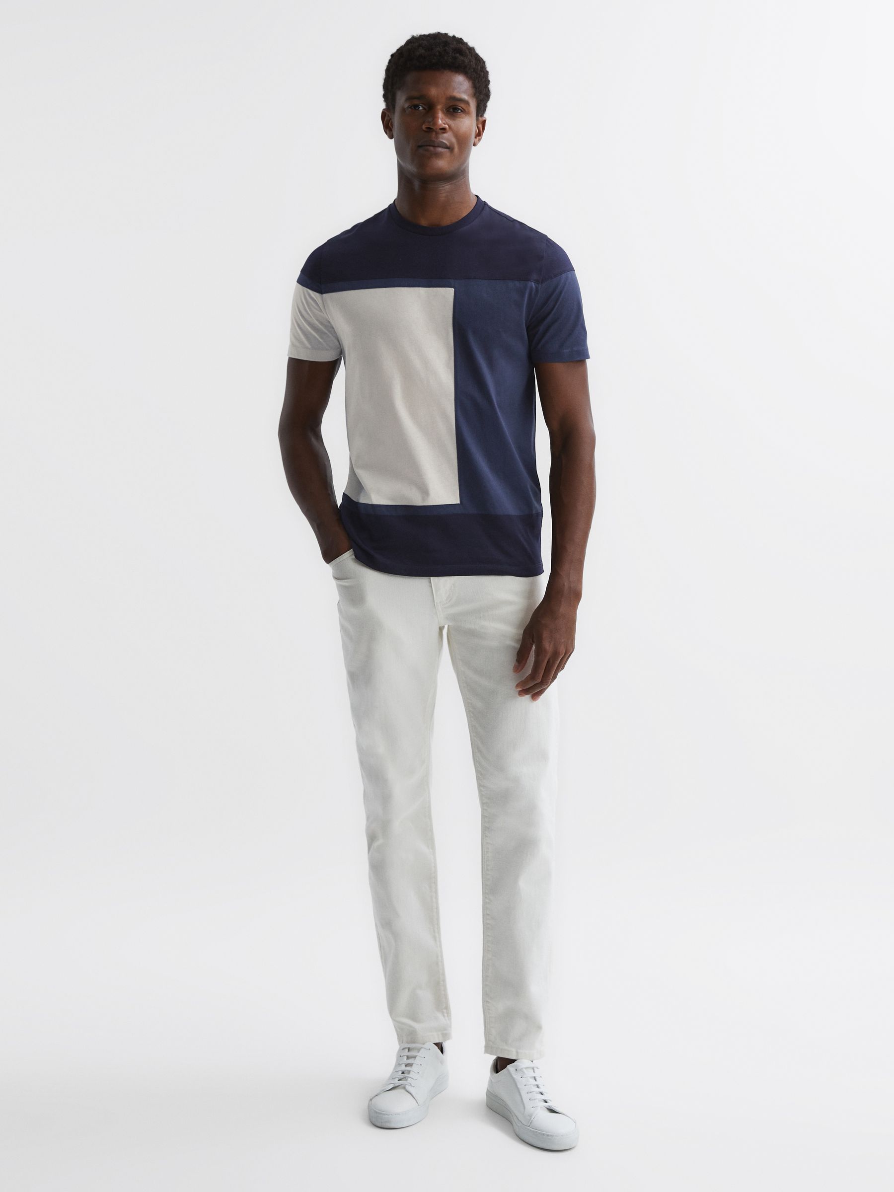 Mercerised Cotton Colourblock T-Shirt in Navy Multi - Image 1 of 4