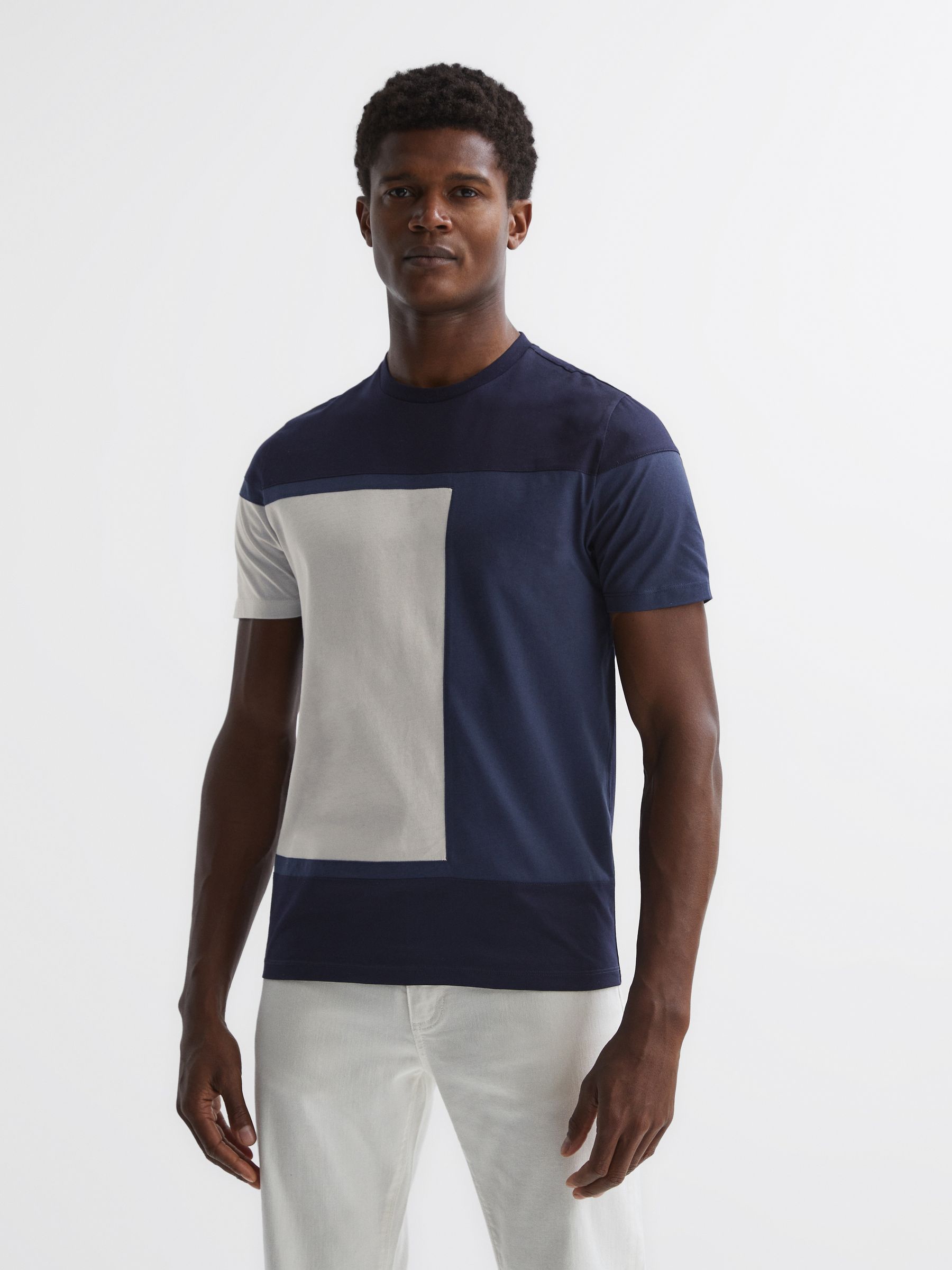 Mercerised Cotton Colourblock T-Shirt in Navy Multi - Image 3 of 4