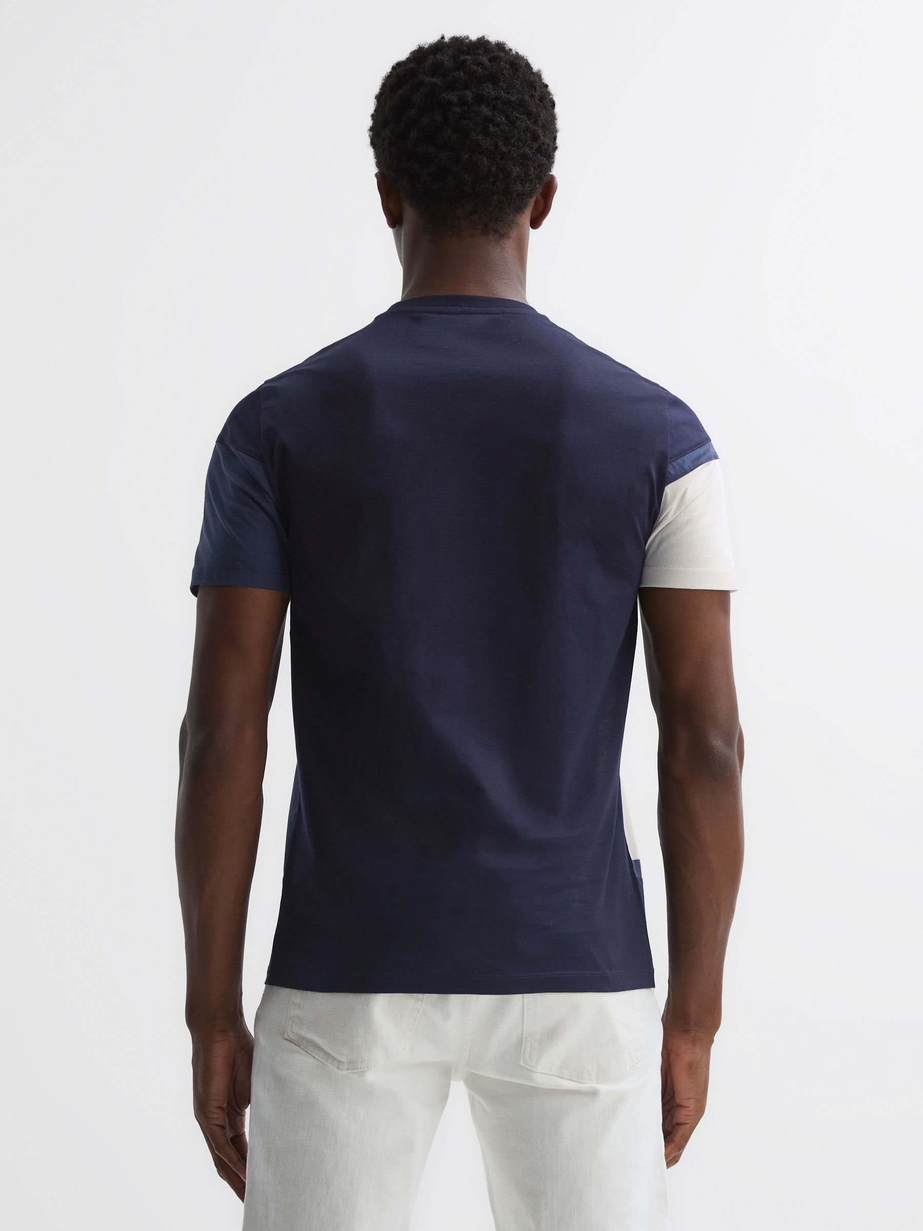 Mercerised Cotton Colourblock T-Shirt in Navy Multi - Image 4 of 4