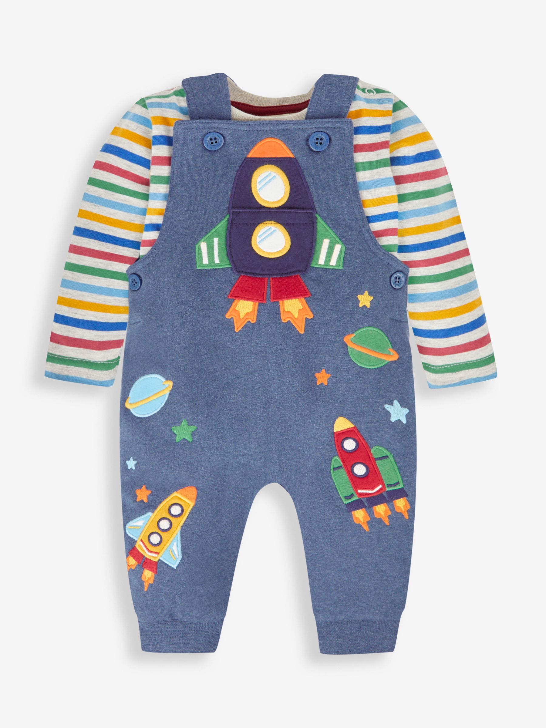 Indigo Blue Rocket Boys' Bear Appliqué Dungarees & Stripe Top Set - Image 1 of 8