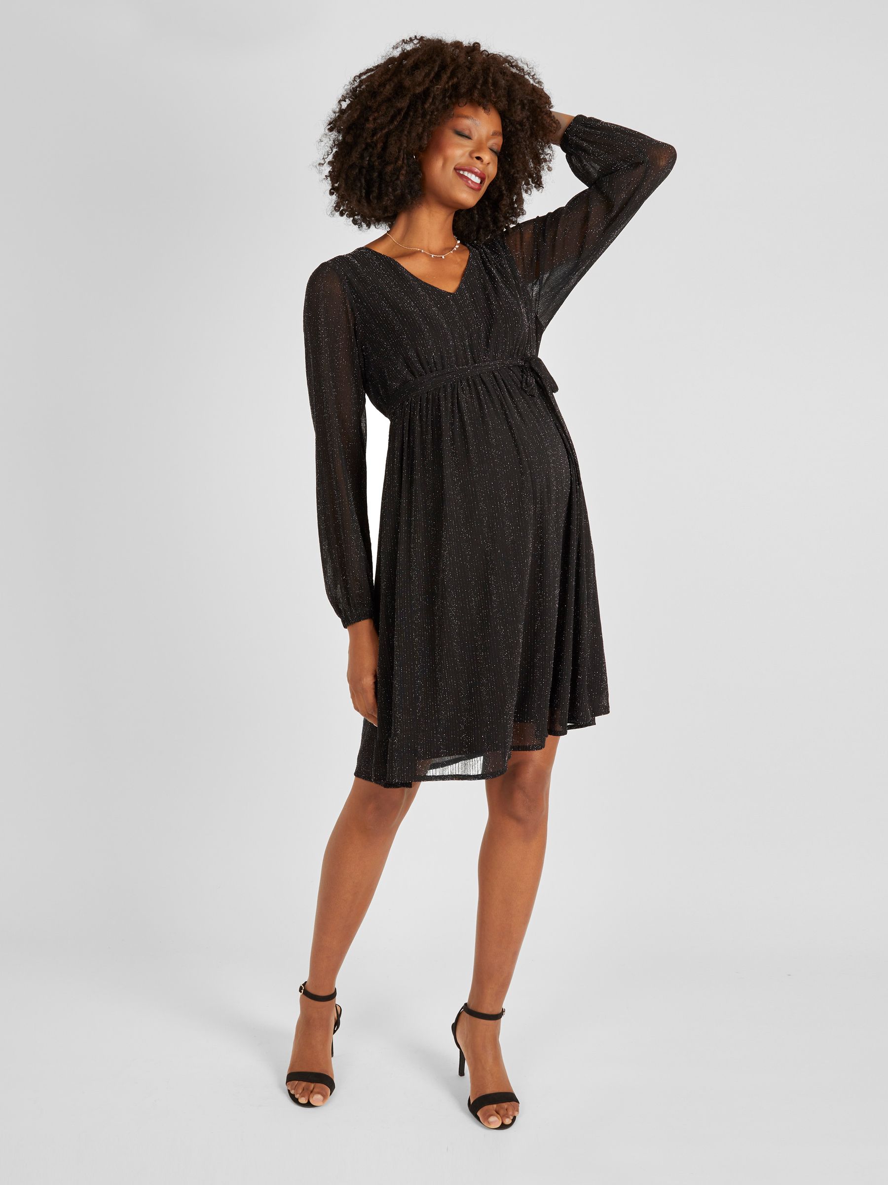 Black Sparkle V-Neck Maternity Mini Dress - Image 3 of 6