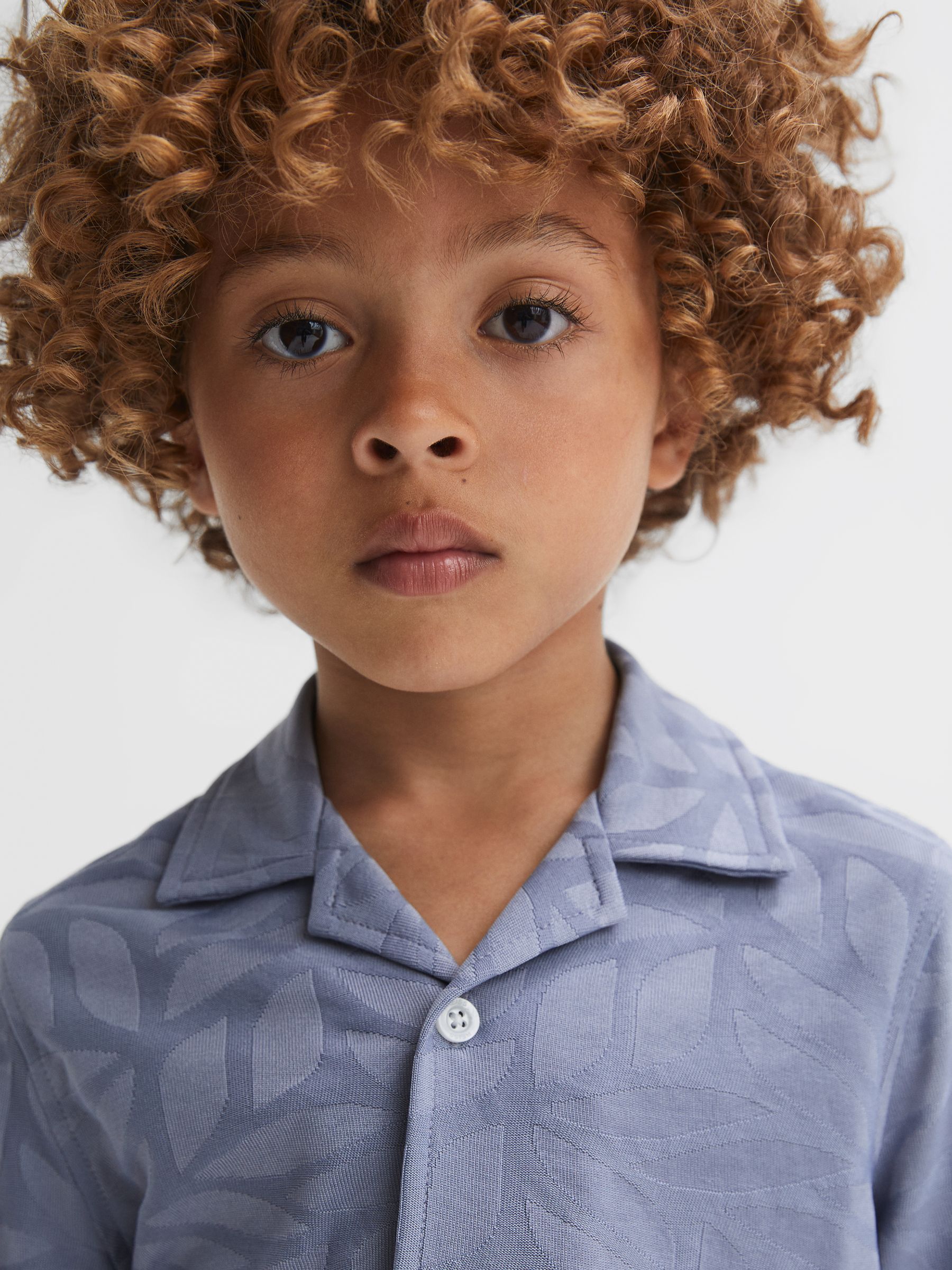 Senior Printed Cuban Collar Button Through T-Shirt in Blue - Image 4 of 6