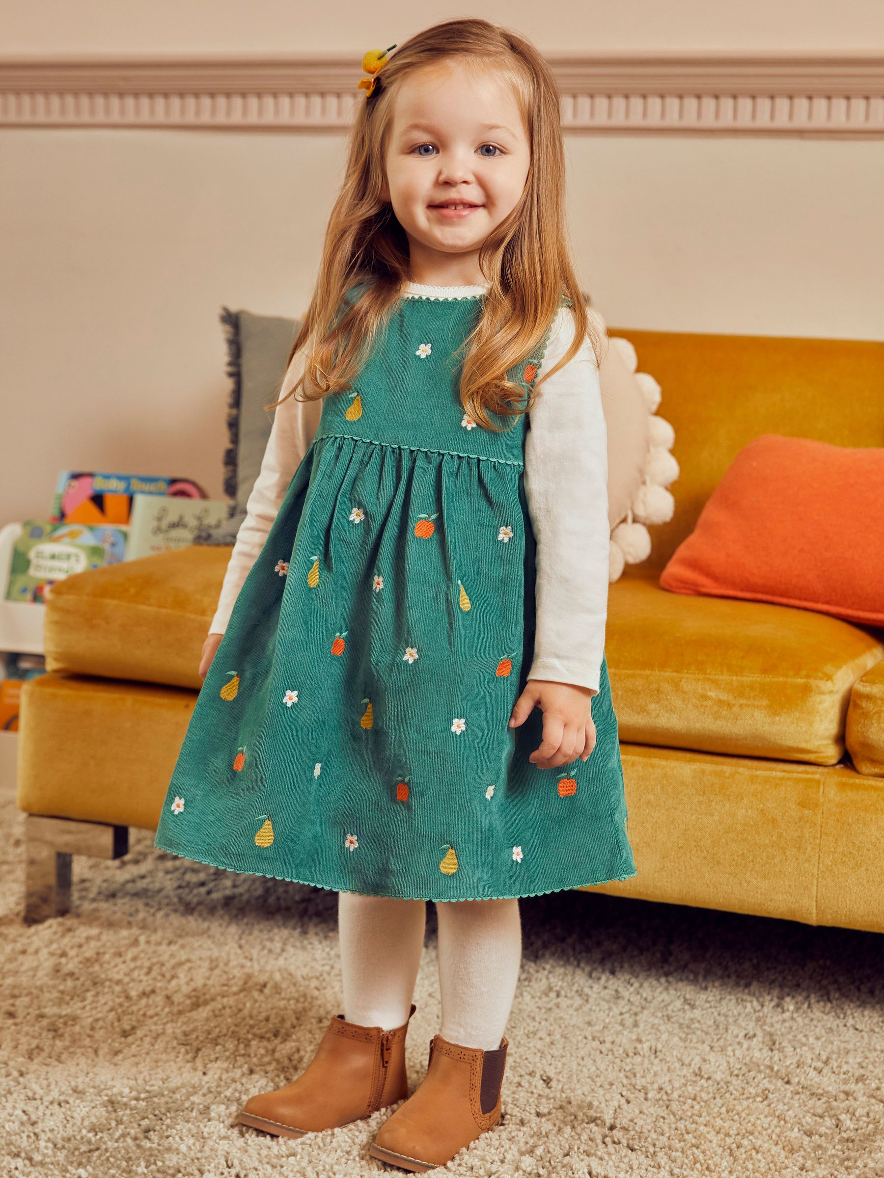 Green Girls' Fruit & Flower Embroidered Cord Dress - Image 1 of 4