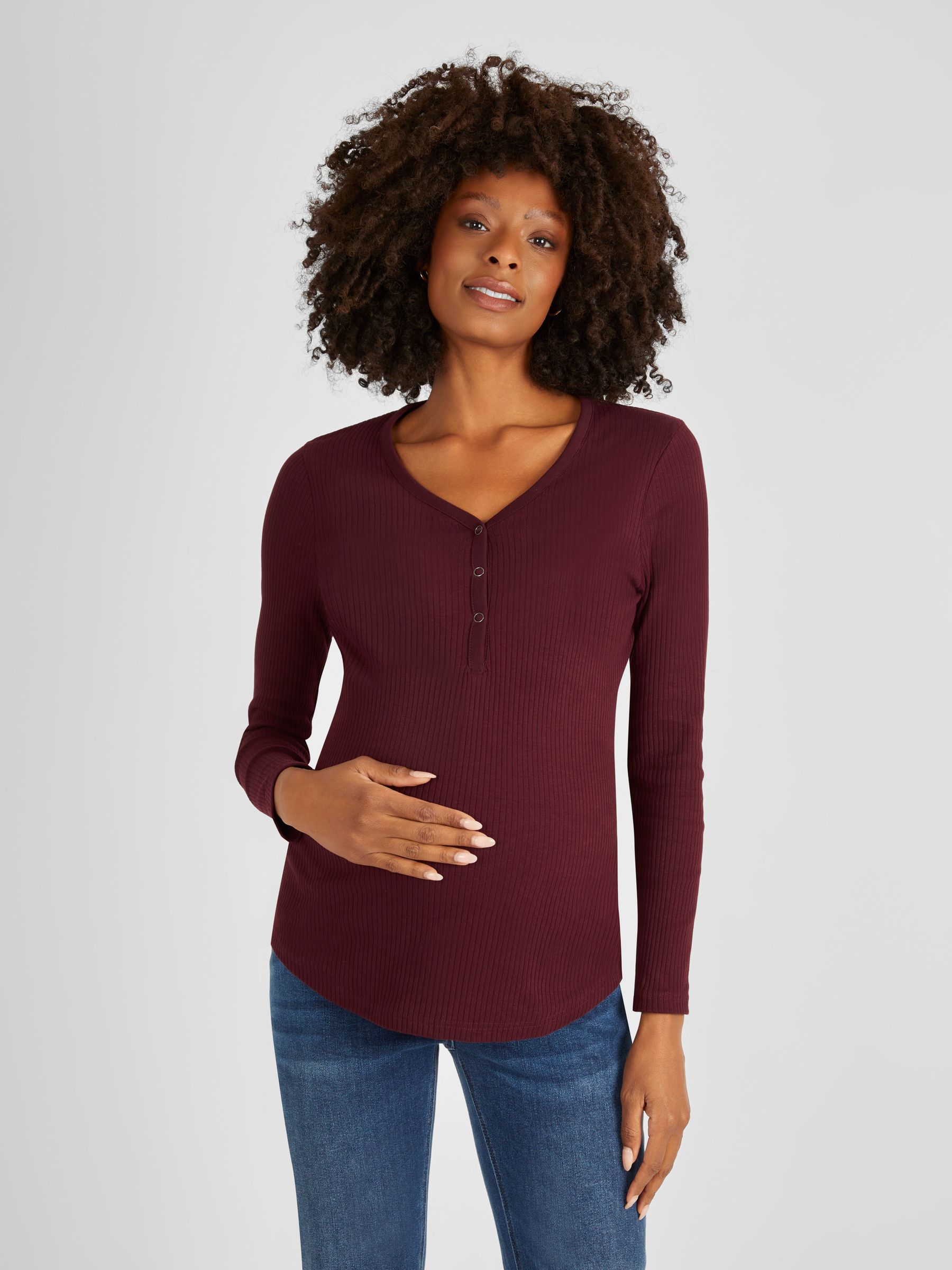 Wine Red Popper Front Maternity Top - Image 1 of 5