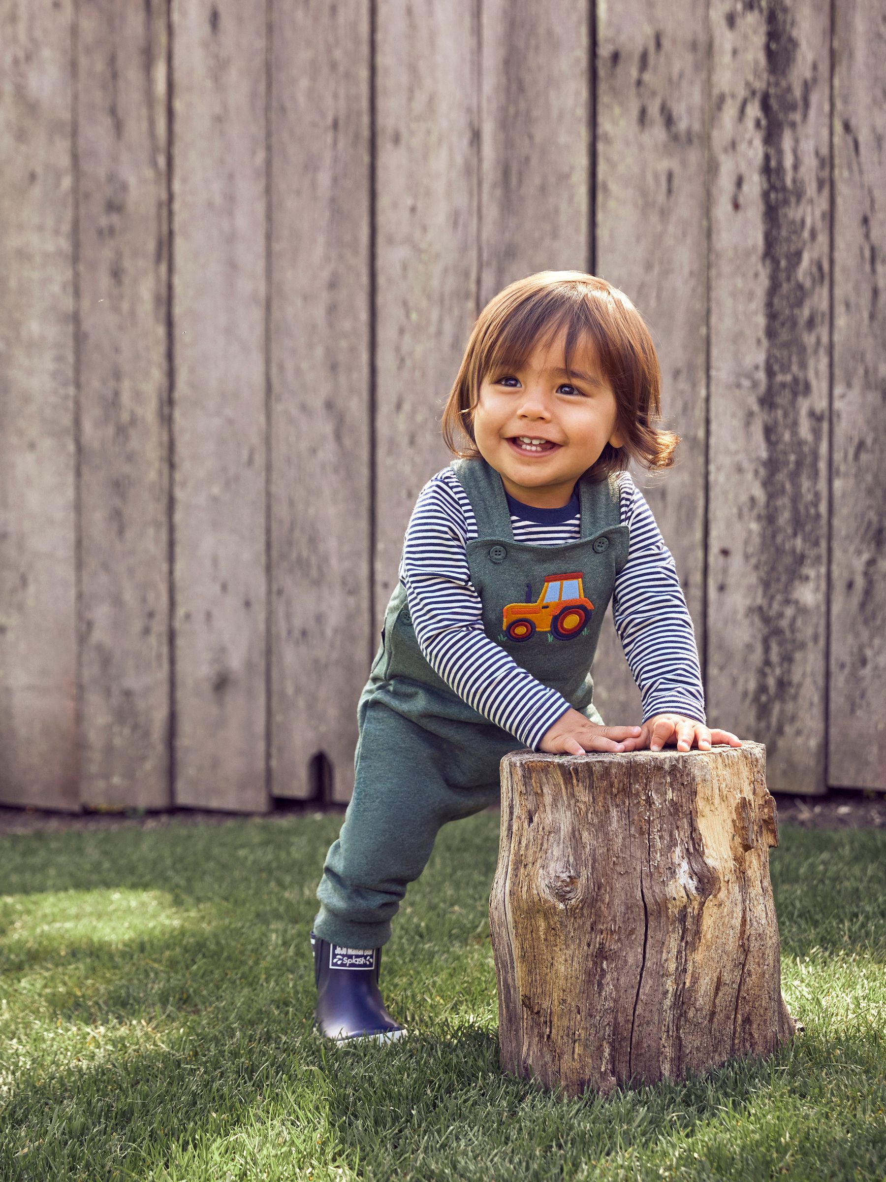 Marl Green Tractor Boys' Bear Appliqué Dungarees & Stripe Top Set - Image 3 of 9