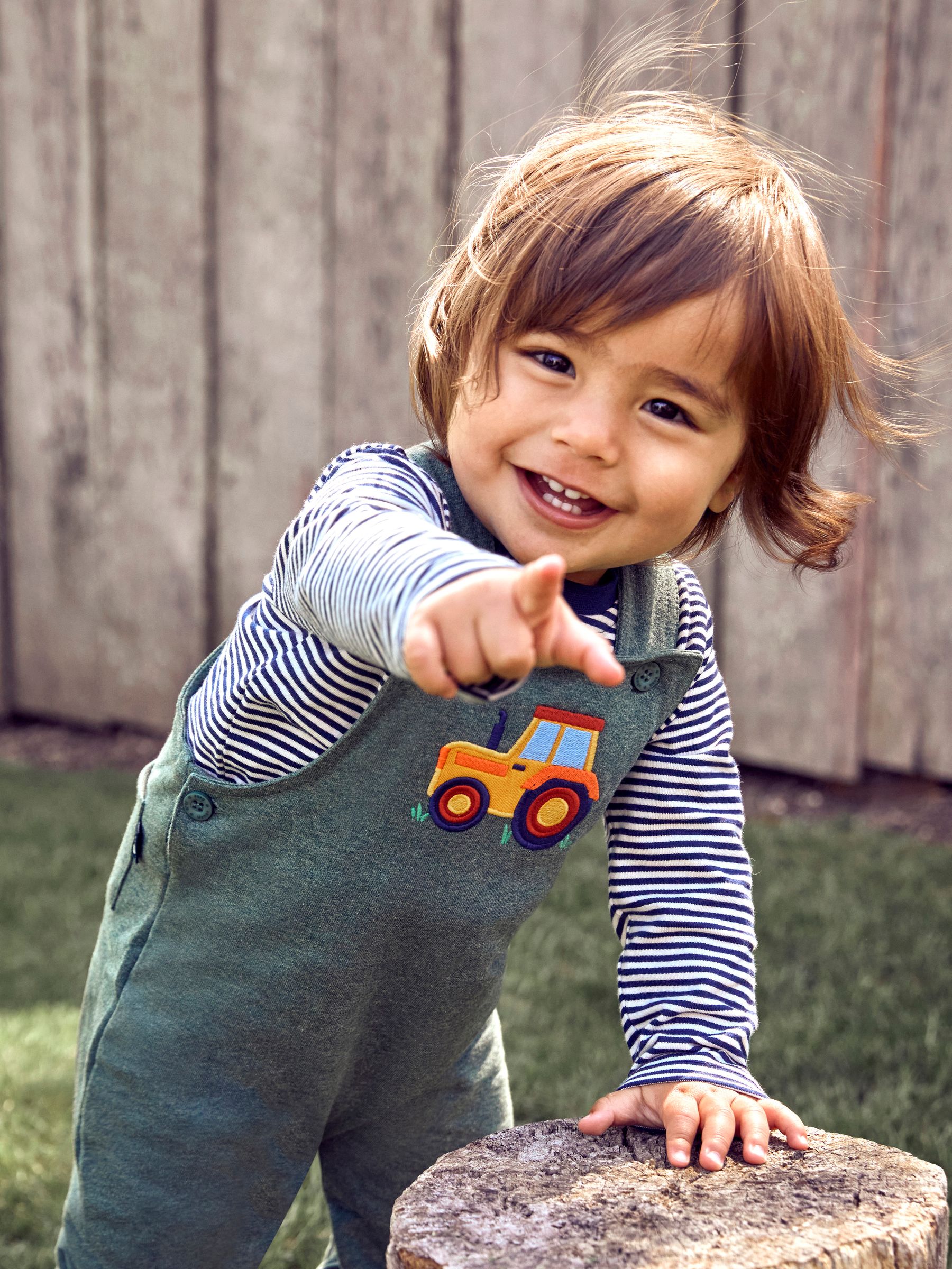 Marl Green Tractor Boys' Bear Appliqué Dungarees & Stripe Top Set - Image 4 of 9