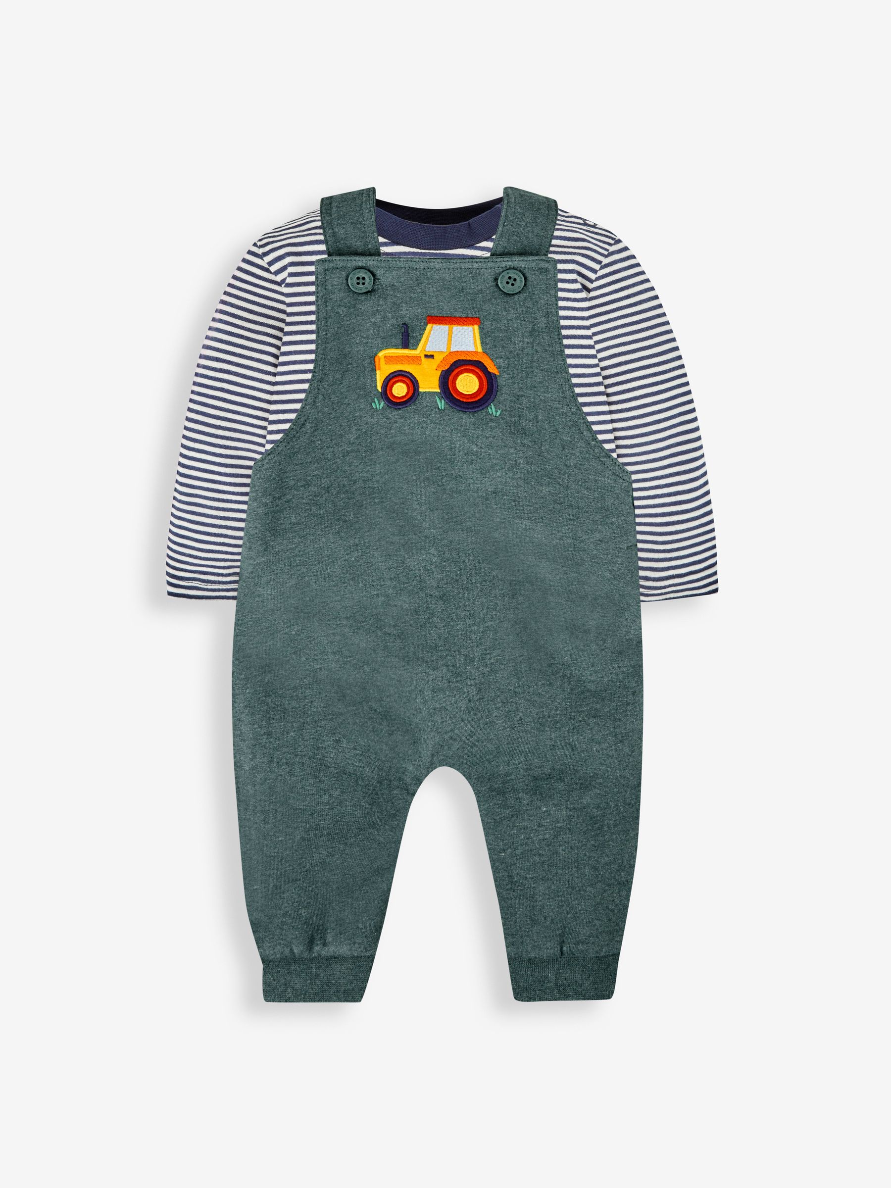 Marl Green Tractor Boys' Bear Appliqué Dungarees & Stripe Top Set - Image 5 of 9